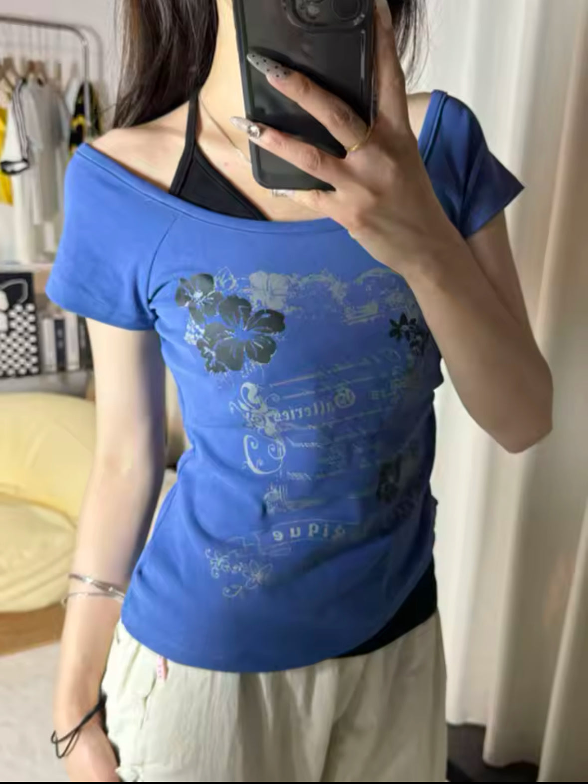 Vintage Y2K Lace-Up Halter Top – Off Shoulder Slim Fit T-Shirt for Women with Trendy Print Design