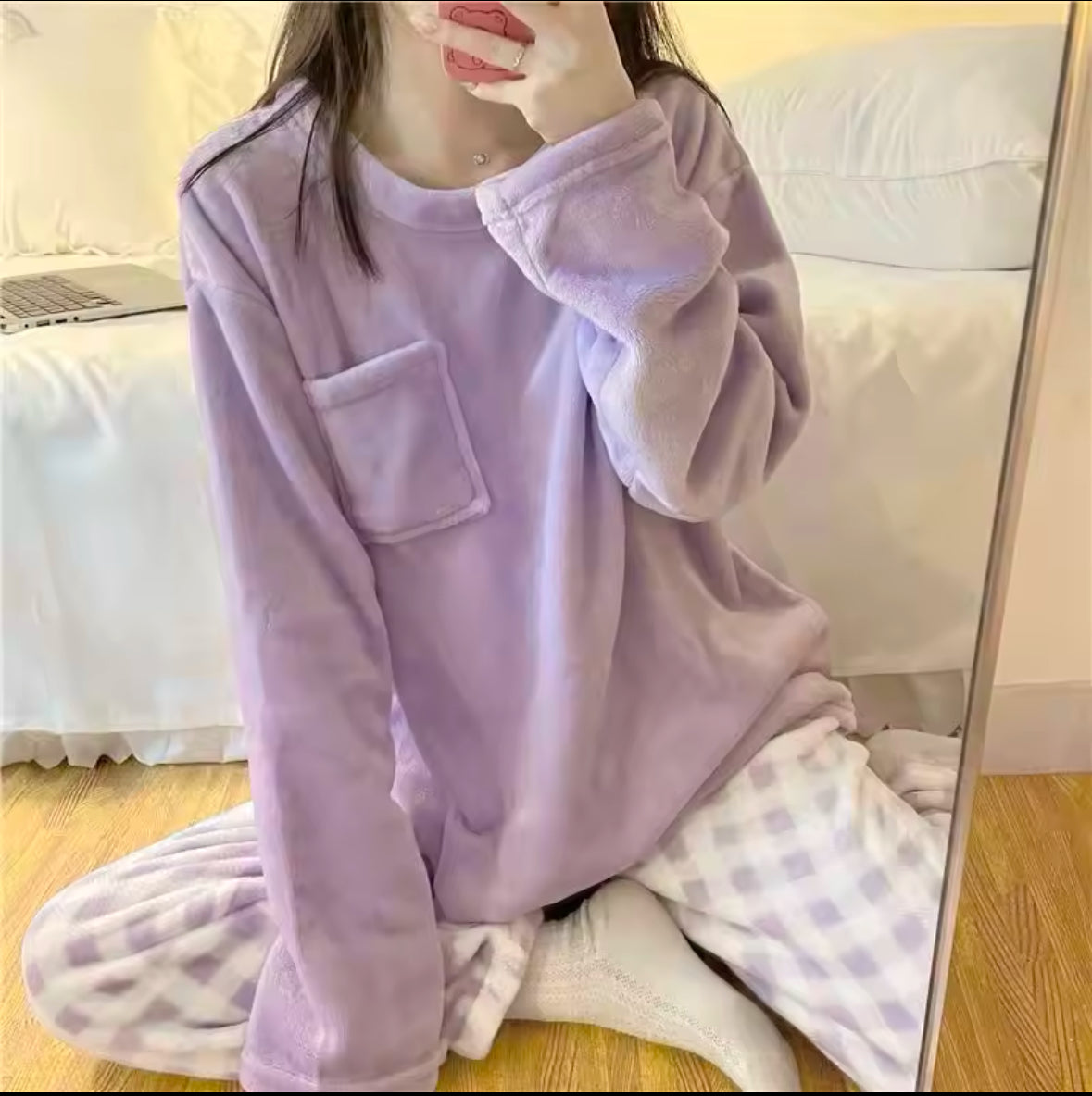 Women’s Fleece Pajama Set – Thick and Warm Winter Sleepwear with Solid Top and Plaid Pants for Ultimate Comfort