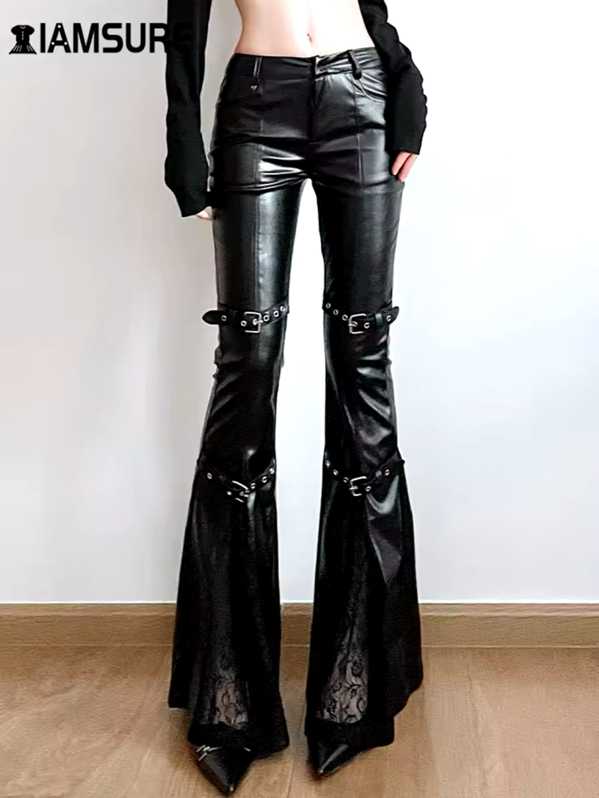 2025 Fashion Flare Pants for Women – Sexy PU Leather Patchwork, Slim Fit, Low-Waisted Streetwear for Autumn & Winter