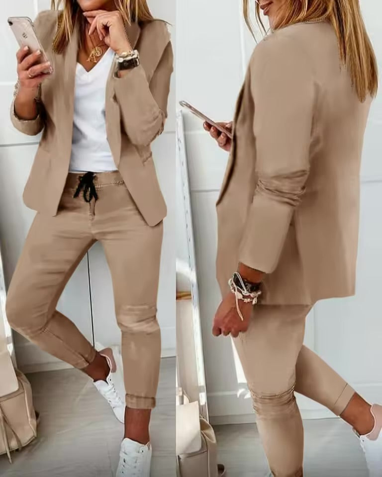Elegant Women’s Two-Piece Suit – Casual Solid Color Blazer & Pants Set | Long Sleeve Office & Everyday Wear
