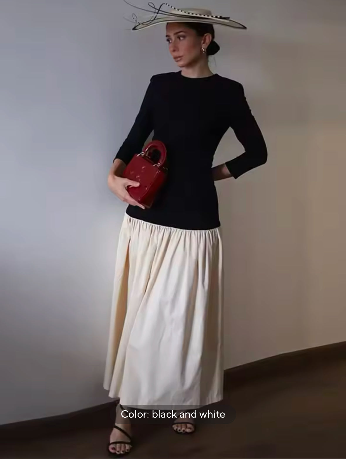 Fashionable Contrast Splicing Pleated Long Dress for Women – Casual Round Neck Loose Cropped Spring Dress 2025 High Street Style