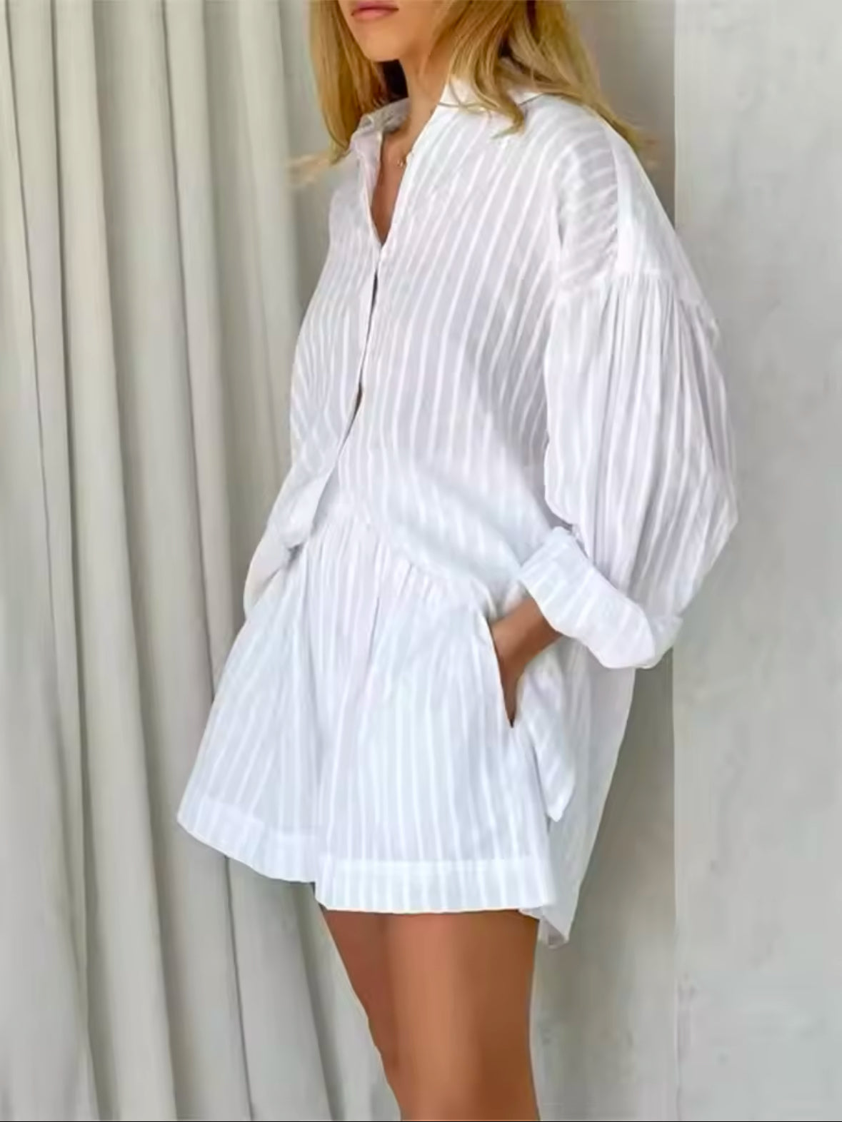 2025 Cotton Two-Piece Set for Women – Striped Long Sleeve Shirt & Shorts Outfit for a Simple and Stylish Spring Summer Look