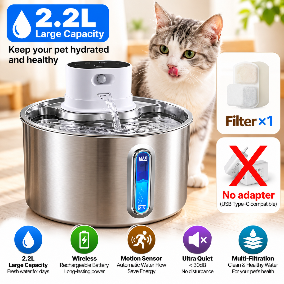 2.2L Cordless Cat Water Fountain with Motion Sensor – Automatic Pet Water Dispenser