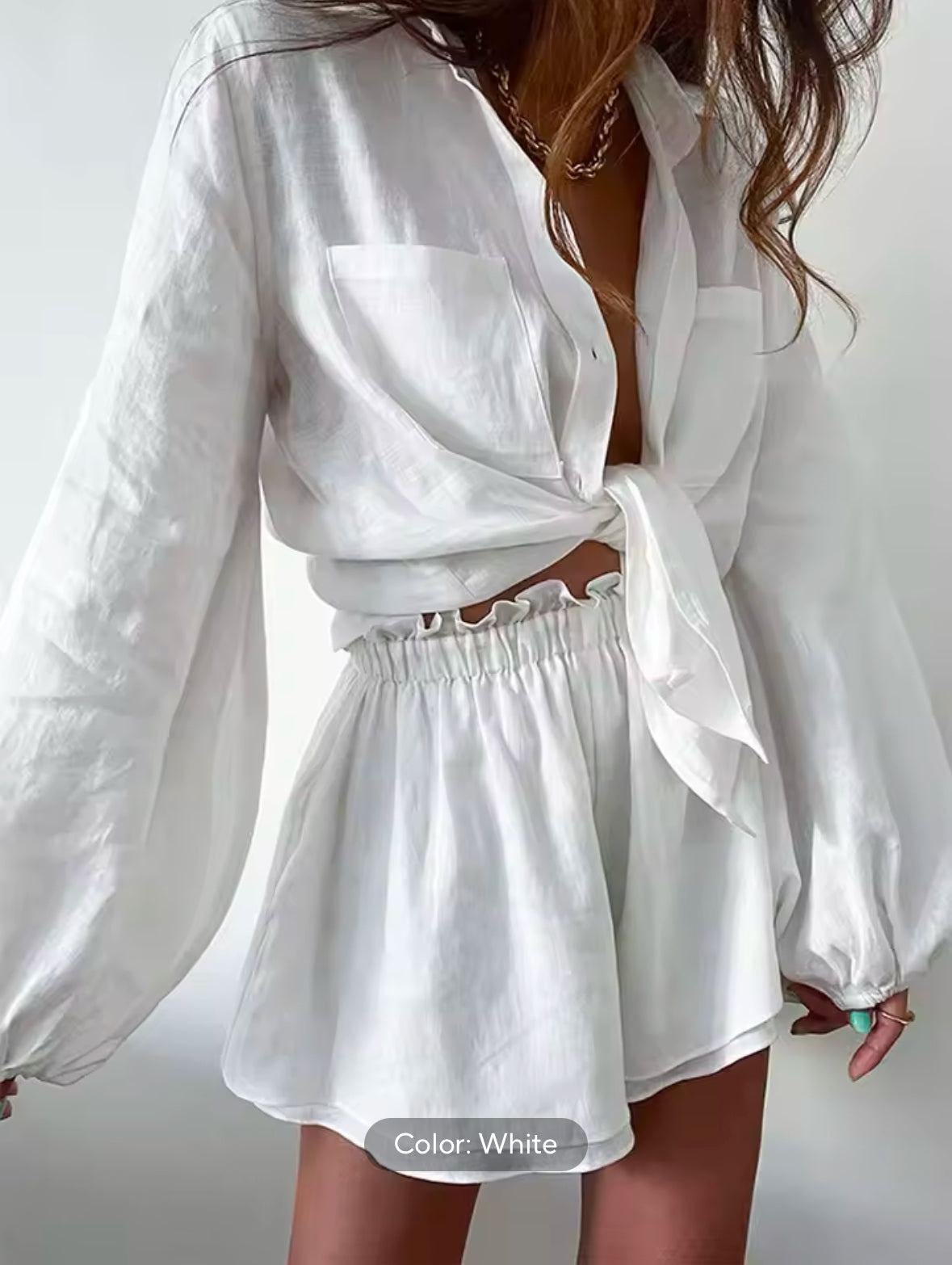2025 Bohemian Spring Summer Set for Women – White Loose Fit Blouse & Shorts 2-Piece Outfit for Casual and Beach Style