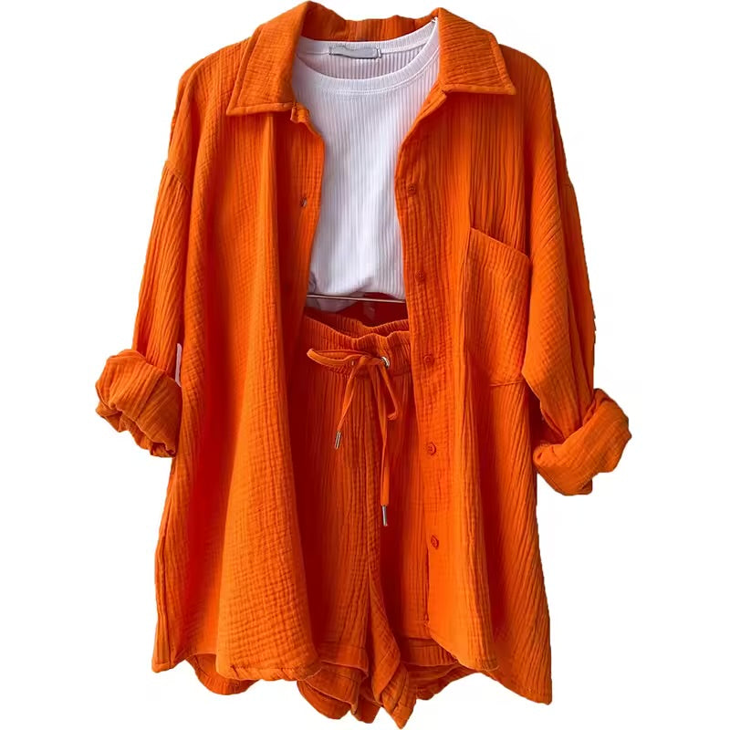 Effortless Elegance – Spring 2025 Pleated Blouse & Lace-Up Shorts Set for the Modern Muse