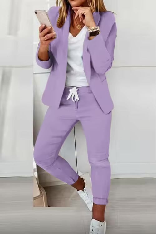 Elegant Women’s Two-Piece Suit – Casual Solid Color Blazer & Pants Set | Long Sleeve Office & Everyday Wear