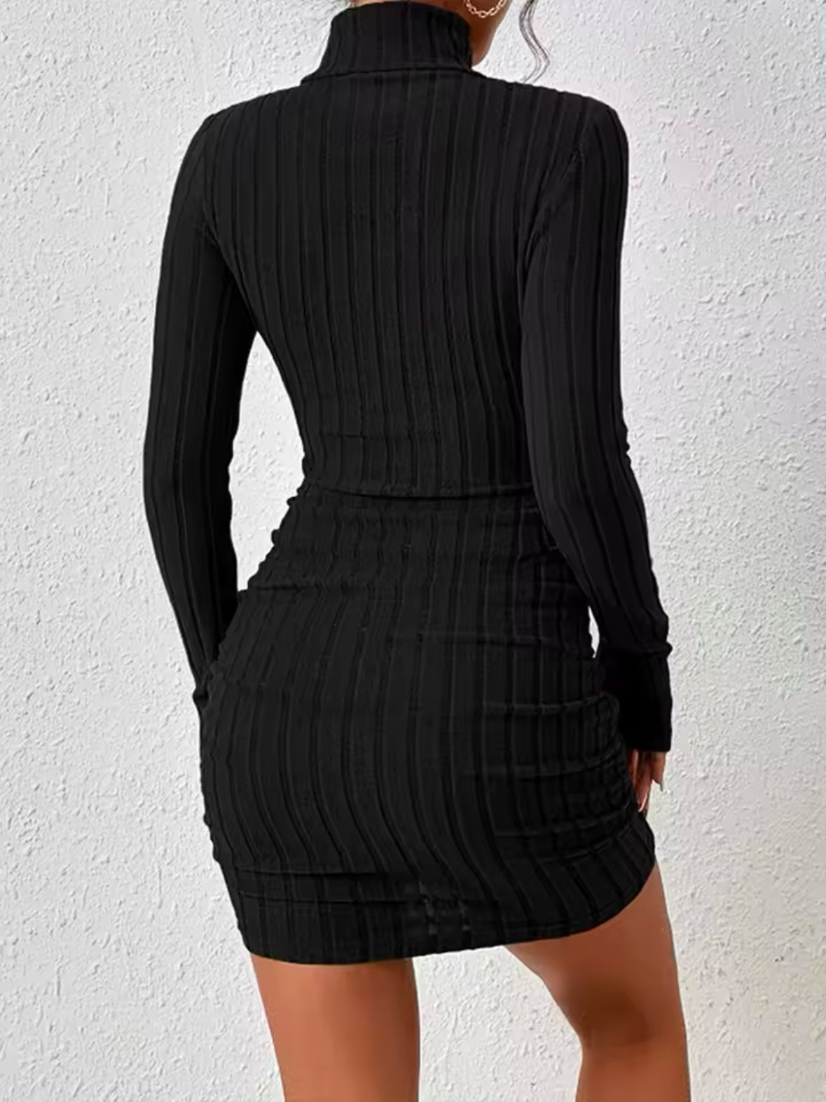 Elegant Black Turtleneck Mini Dress for Women – Long Sleeve Bodycon Sheath Dress for Autumn Parties and Events