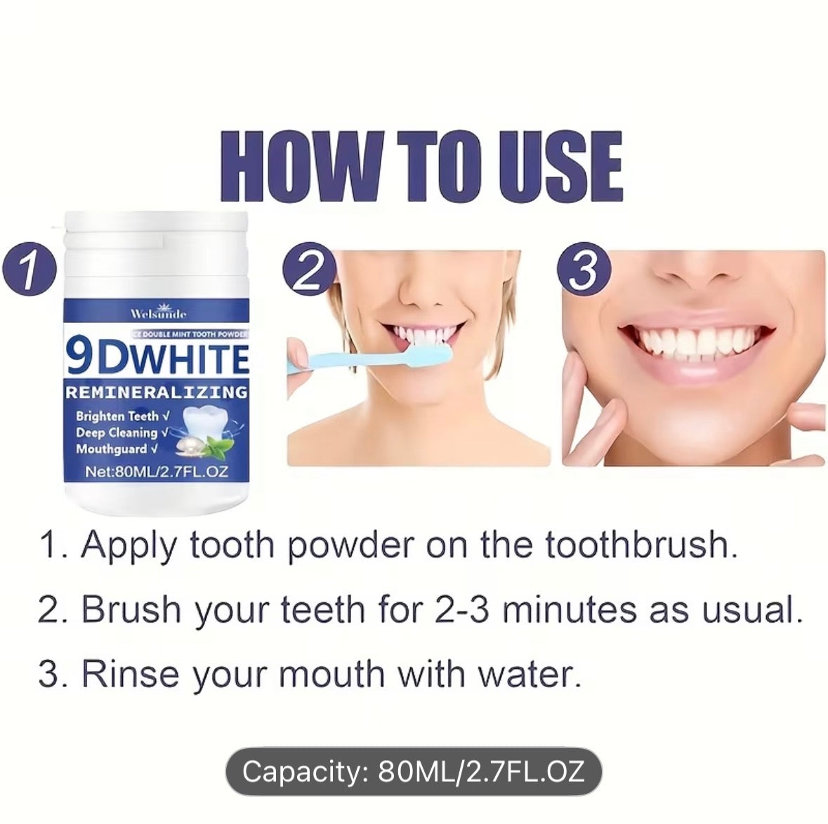 9D White Tooth Powder – Remineralizing, Whitening, Deep Cleaning & Fresh Breath for Oral Health