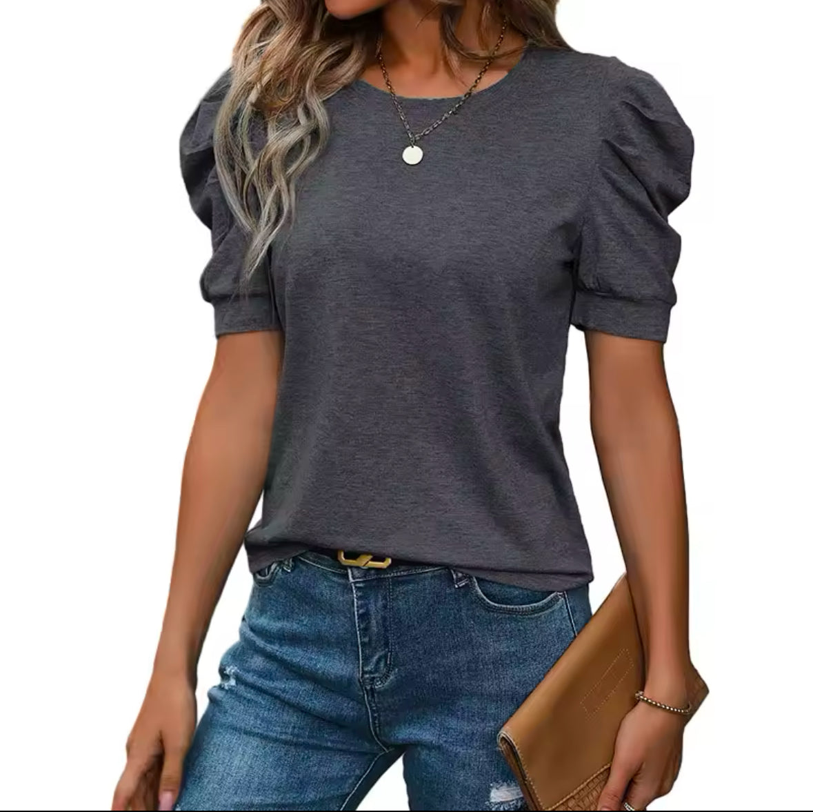 INAWLY Women’s Solid Color Crew Neck Gigot Sleeve T-Shirt – Elegant & Stylish Casual Top