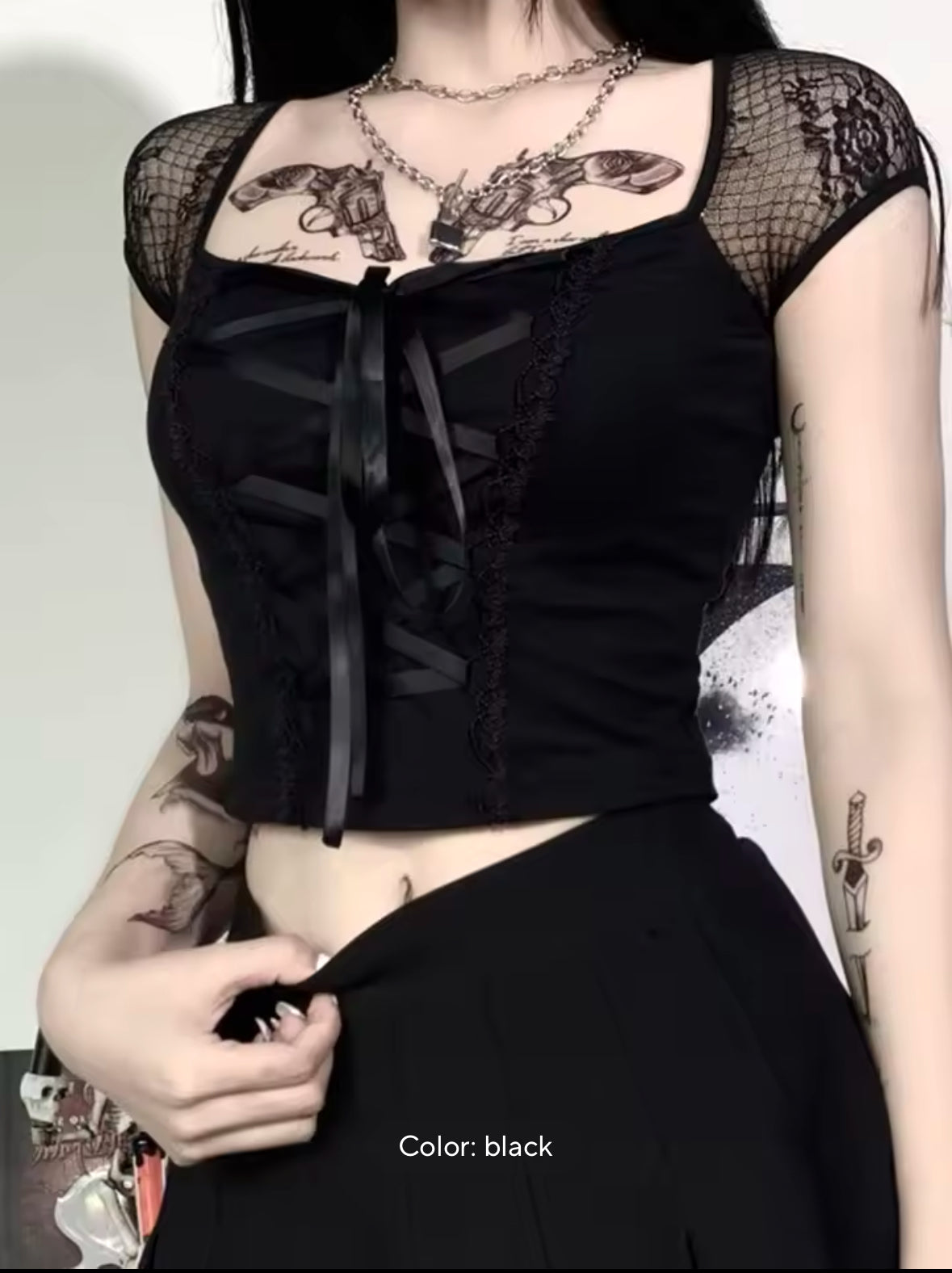 Vintage Goth T-Shirt for Women | Sexy Black Lace & Bandage Mesh Top - Casual Gothic Streetwear