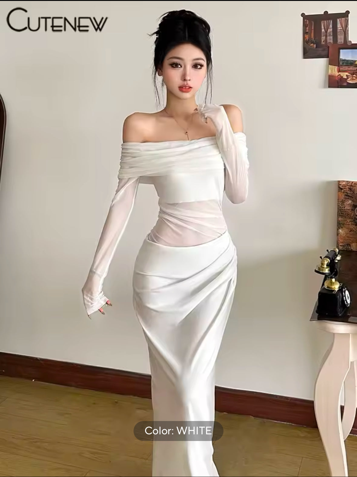Sexy Mesh Ruched Maxi Dress for Women – Off Shoulder Sheer Long Sleeve Bodycon Gown for Midnight Parties