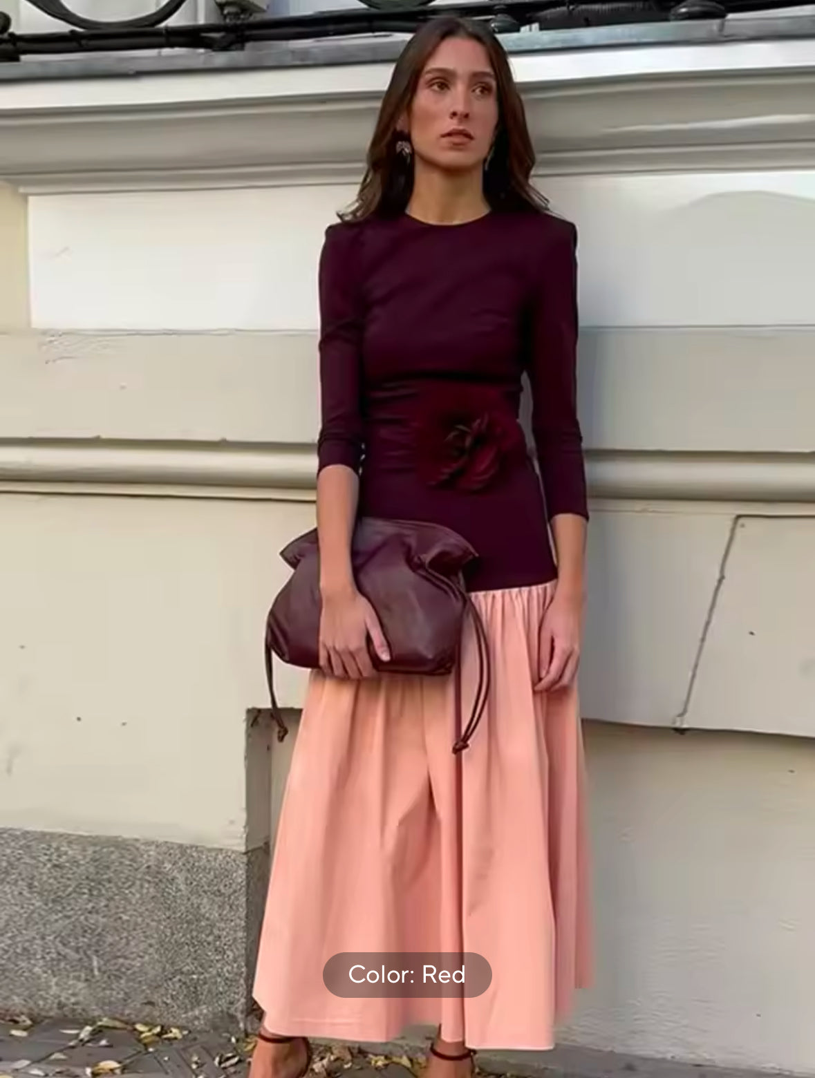 Fashionable Contrast Splicing Pleated Long Dress for Women – Casual Round Neck Loose Cropped Spring Dress 2025 High Street Style