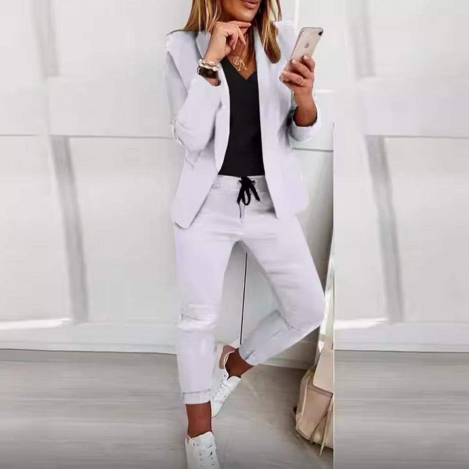Elegant Women’s Two-Piece Suit – Casual Solid Color Blazer & Pants Set | Long Sleeve Office & Everyday Wear