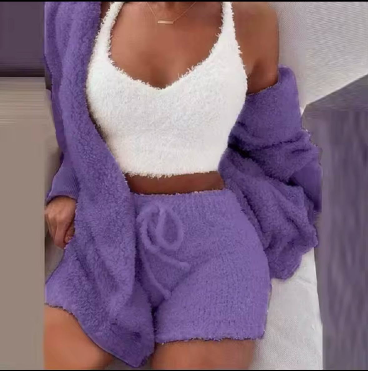 Fluffy 3-Piece Pajama Set for Women – Casual Sleepwear, Tank Top, Shorts, and Cozy Hoodie for Winter, Plus Size Leisure Homsuit