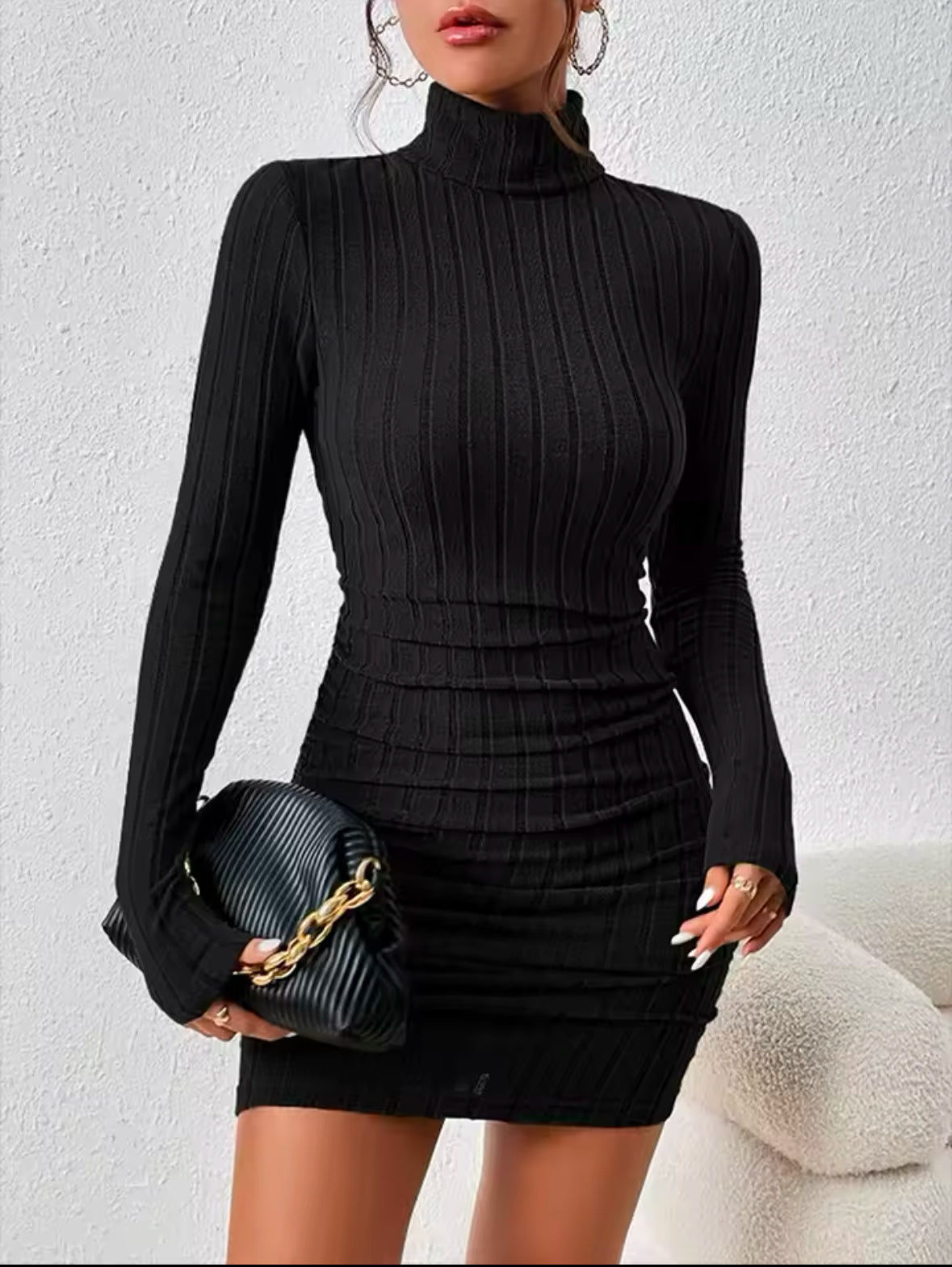 Elegant Black Turtleneck Mini Dress for Women – Long Sleeve Bodycon Sheath Dress for Autumn Parties and Events