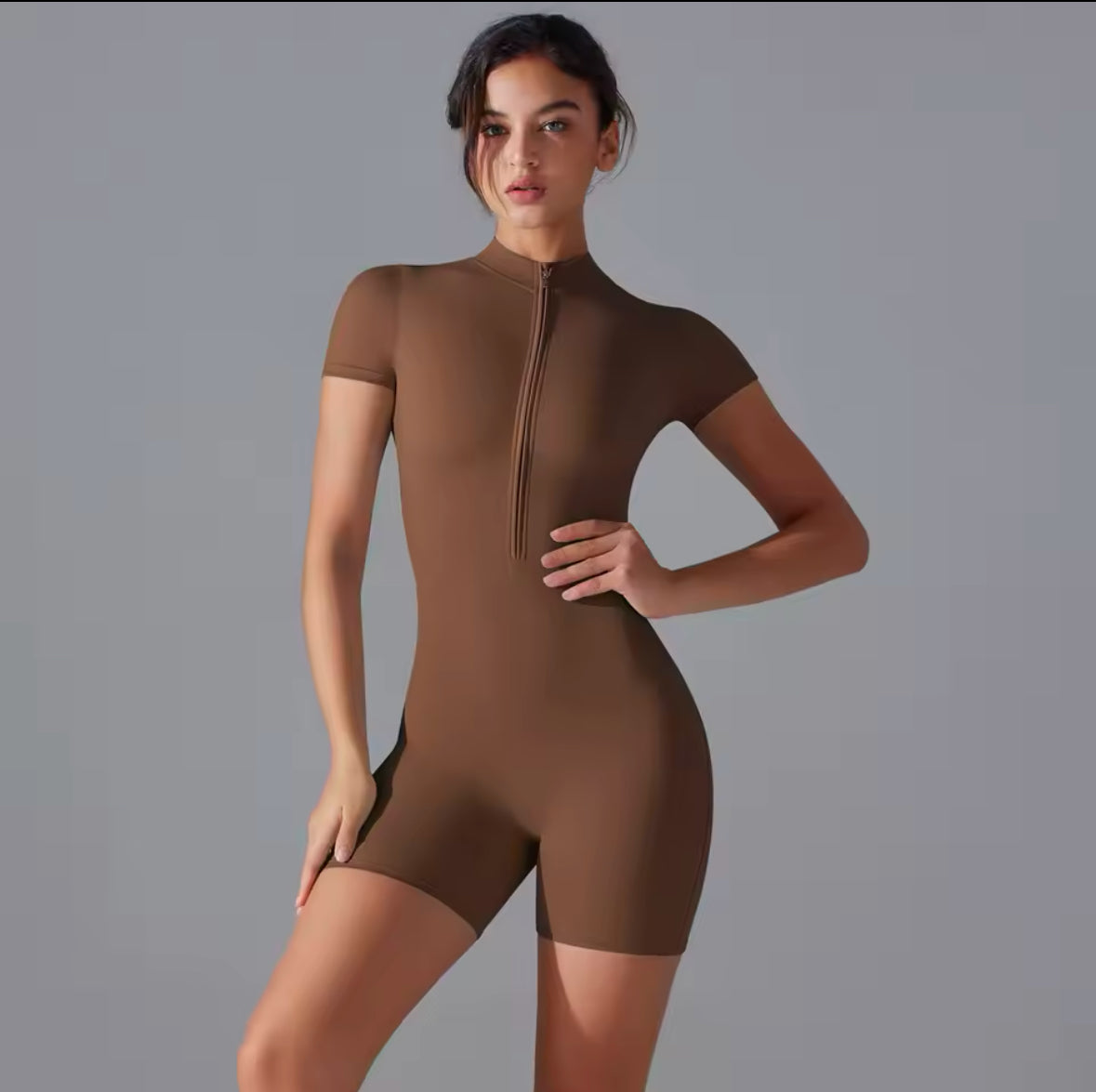 Women’s One-Piece Yoga Jumpsuit – Zipper Short Sleeve Workout Bodysuit for Gym & Fitness Training