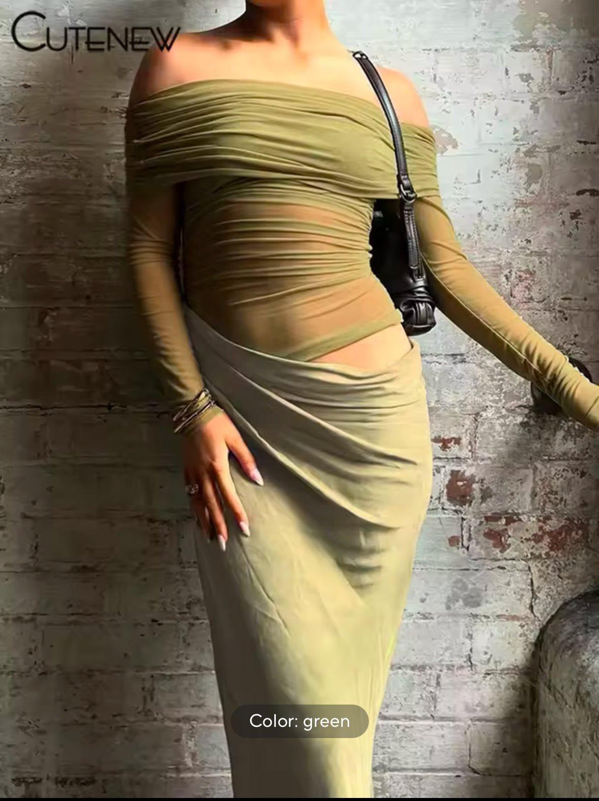 Sexy Mesh Ruched Maxi Dress for Women – Off Shoulder Sheer Long Sleeve Bodycon Gown for Midnight Parties