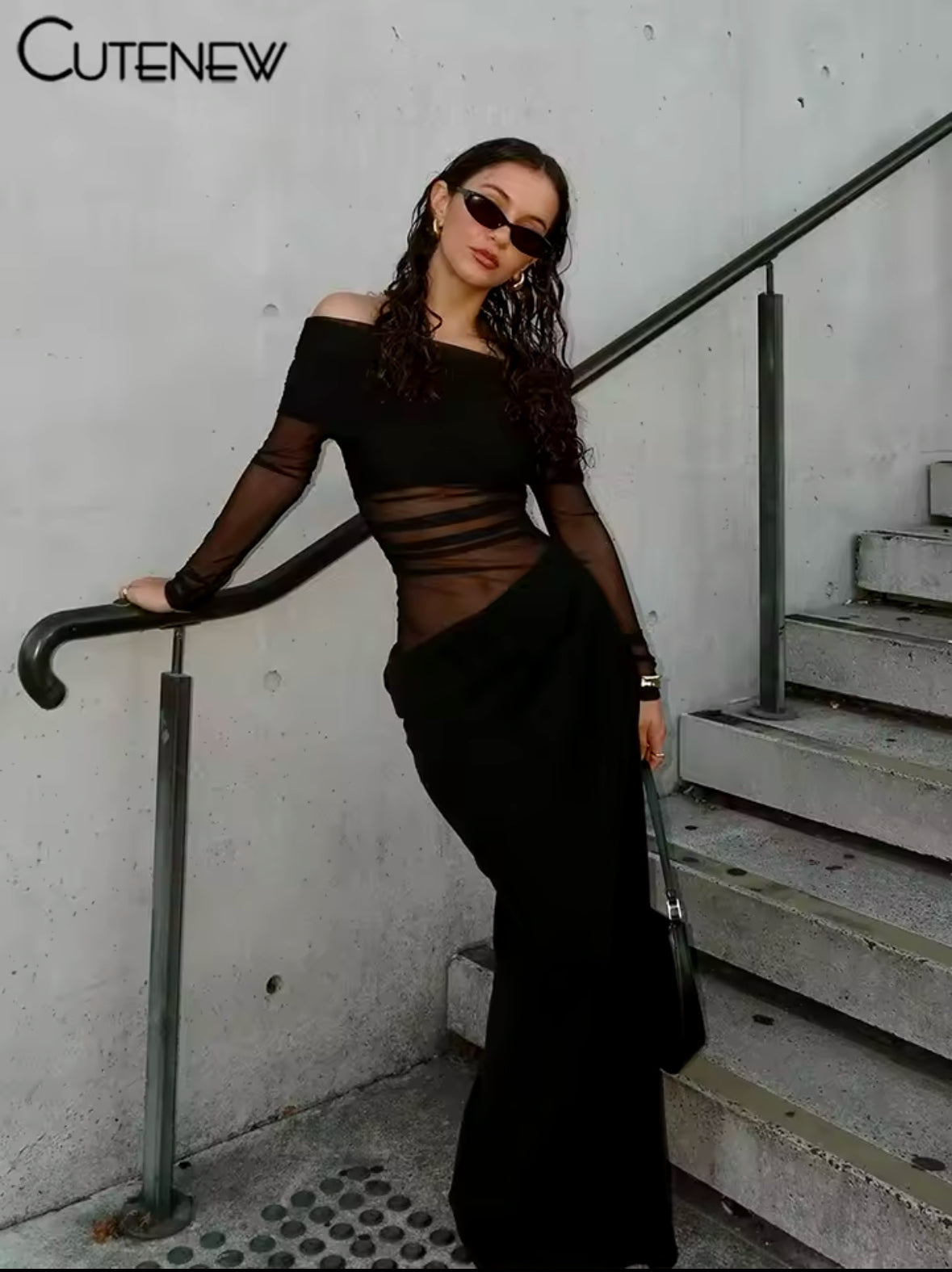 Sexy Mesh Ruched Maxi Dress for Women – Off Shoulder Sheer Long Sleeve Bodycon Gown for Midnight Parties
