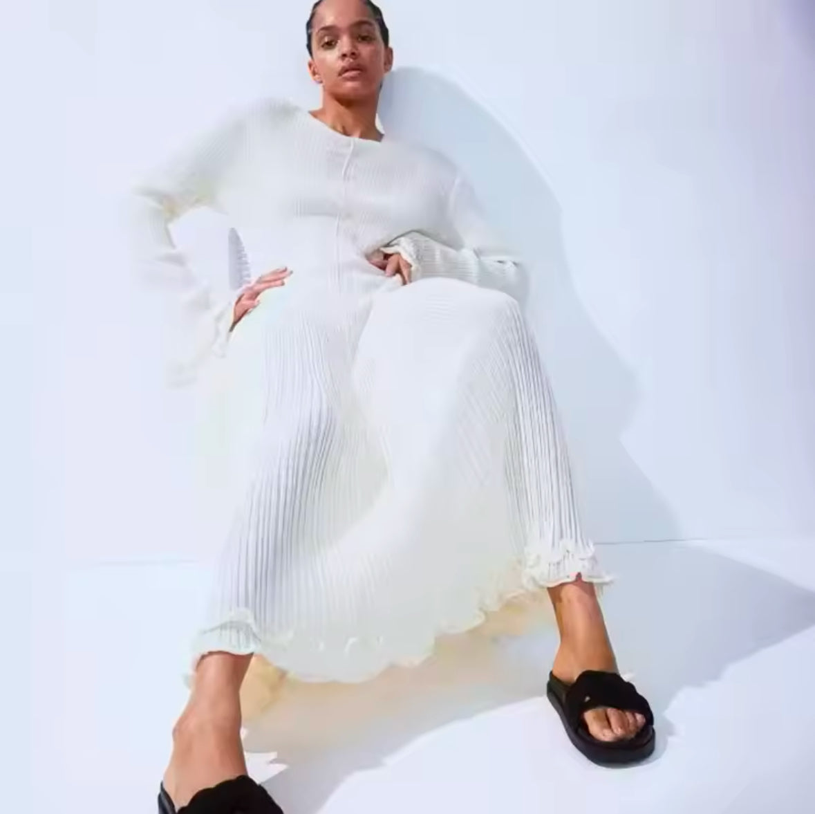 Ruffled Pleated Long Dress for Women – Elegant White Autumn & Winter Fashion, O-Neck Flare Party Dress, Perfect for Streetwear & Parties