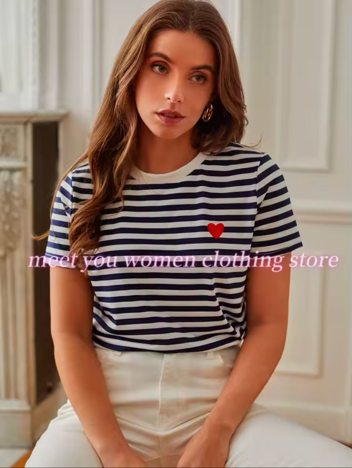 SHEIN EZwear Summer Outfits Heart Embroidery Striped Tee