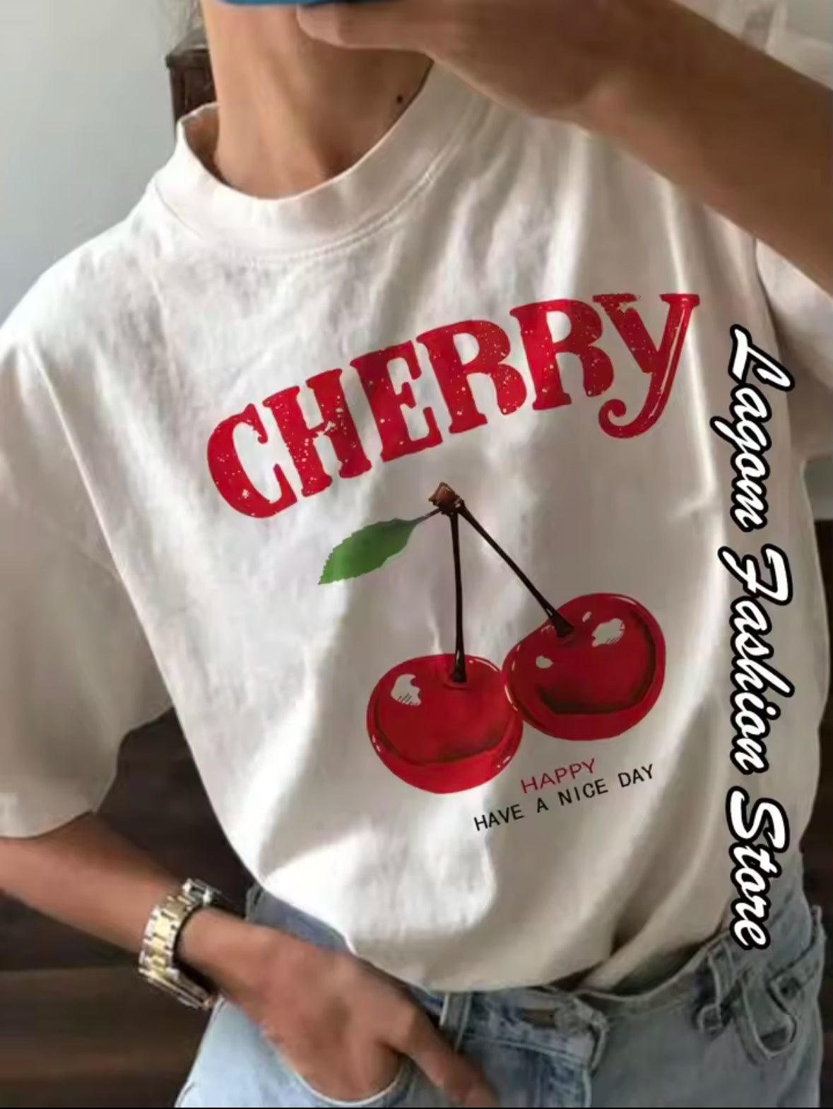Cherry Print Women’s White T-Shirt – Cute & Comfy Summer Top for Vacation, Spring Break & Daily Outfits