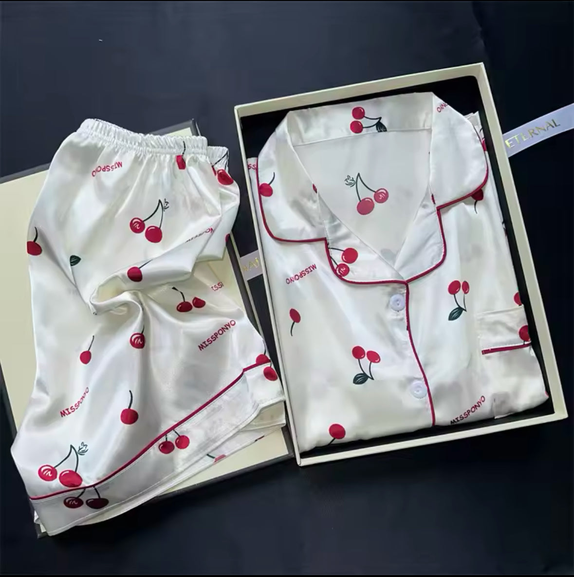 Cherry Print Summer Pajama Set for Women – 2-Piece Faux Satin Sleepwear with Casual Shorts & Top for Stylish Home Comfort