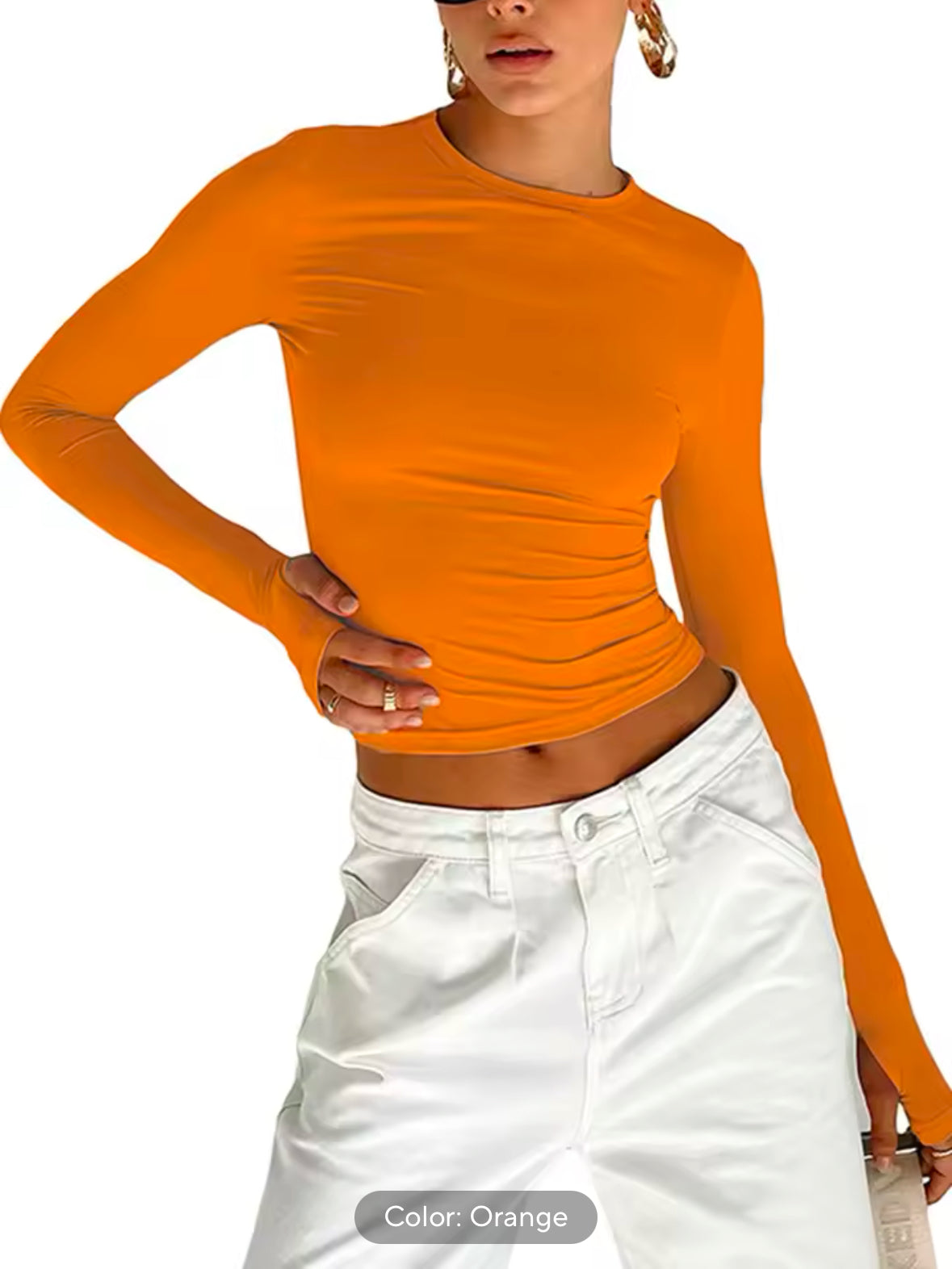 Fashion Women’s Long Sleeve Crew Neck T-shirt – Slim Fit Crop Top with Thumb Holes for Daily Streetwear & Summer Camis