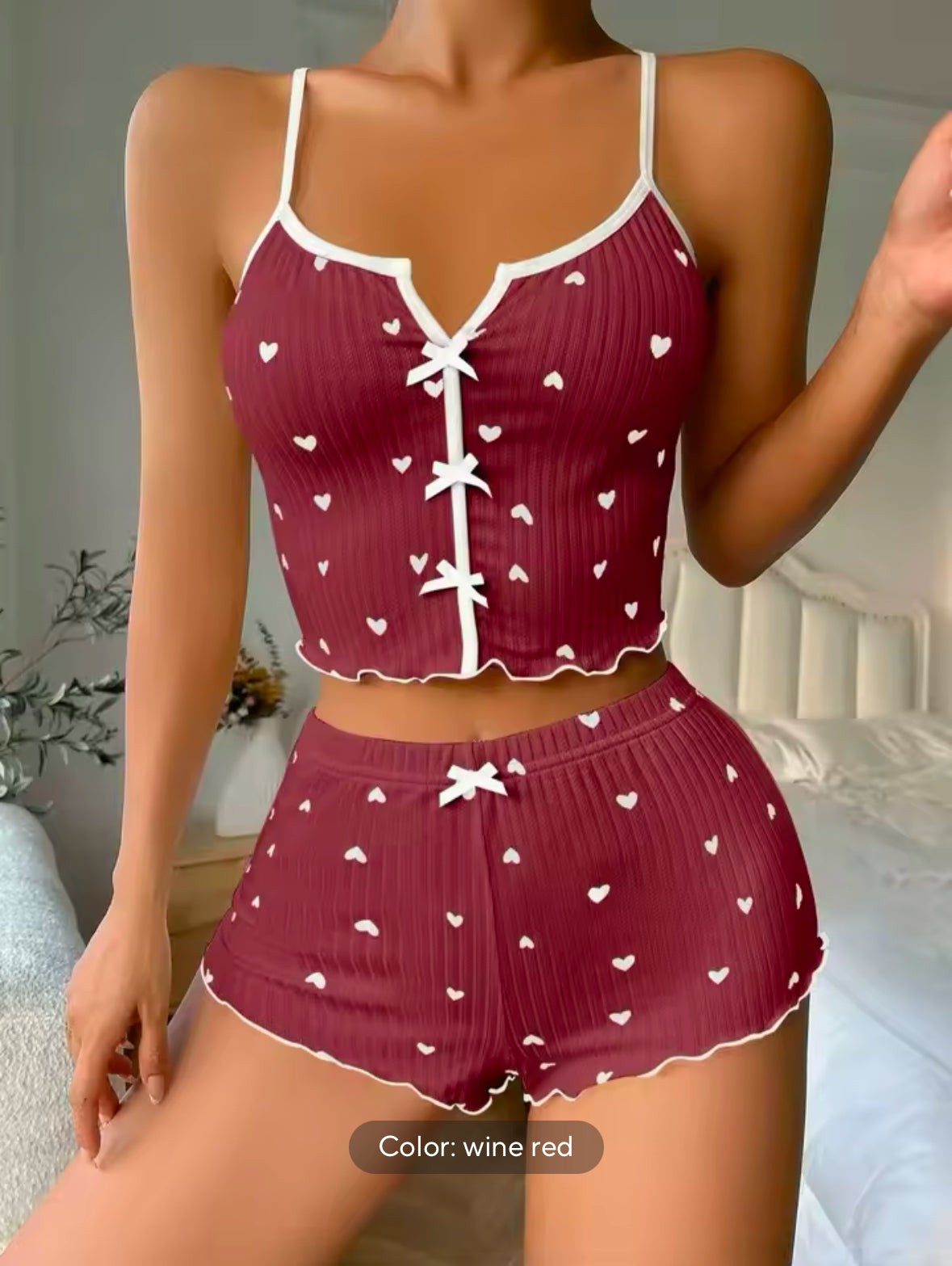 Sexy Silk Sleepwear Set for Women – Heart Print V-Neck Cami Top & Shorts – Comfortable Loungewear for Relaxation & Home