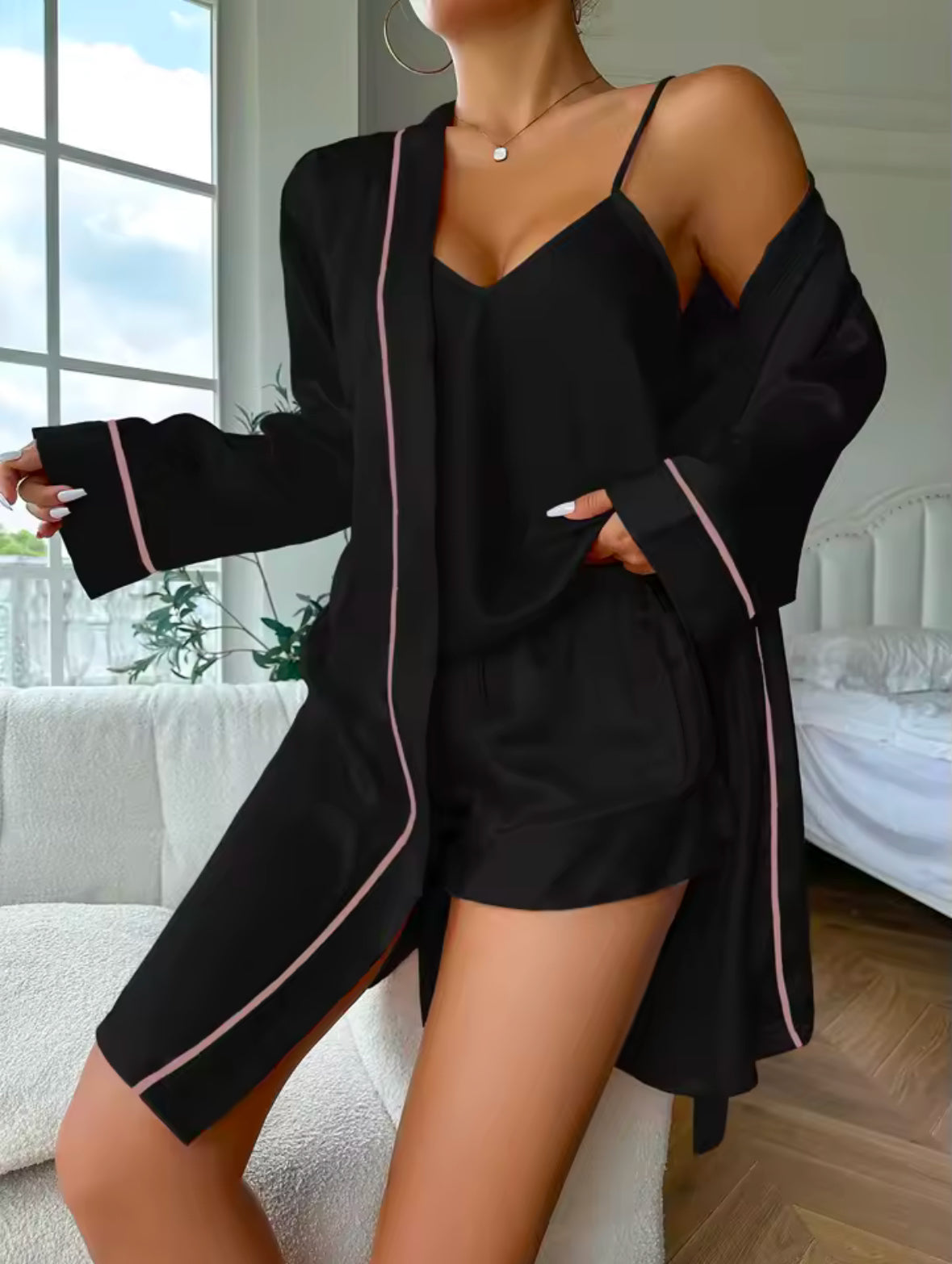 Simple Satin Pajama Set for Women – Long Sleeve Belted Robe, V-Neck Cami Top & Shorts for Comfortable Sleepwear