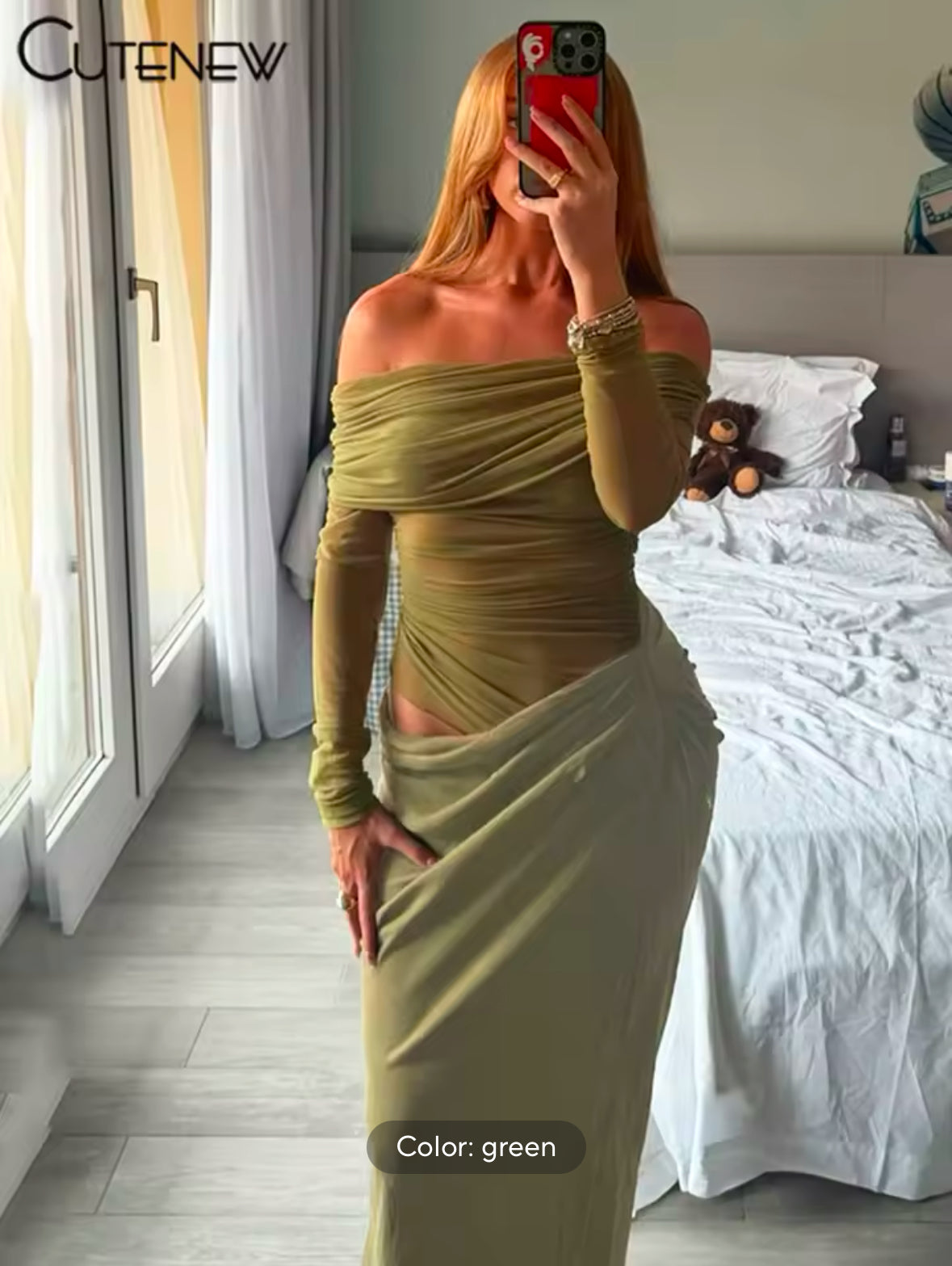 Sexy Mesh Ruched Maxi Dress for Women – Off Shoulder Sheer Long Sleeve Bodycon Gown for Midnight Parties