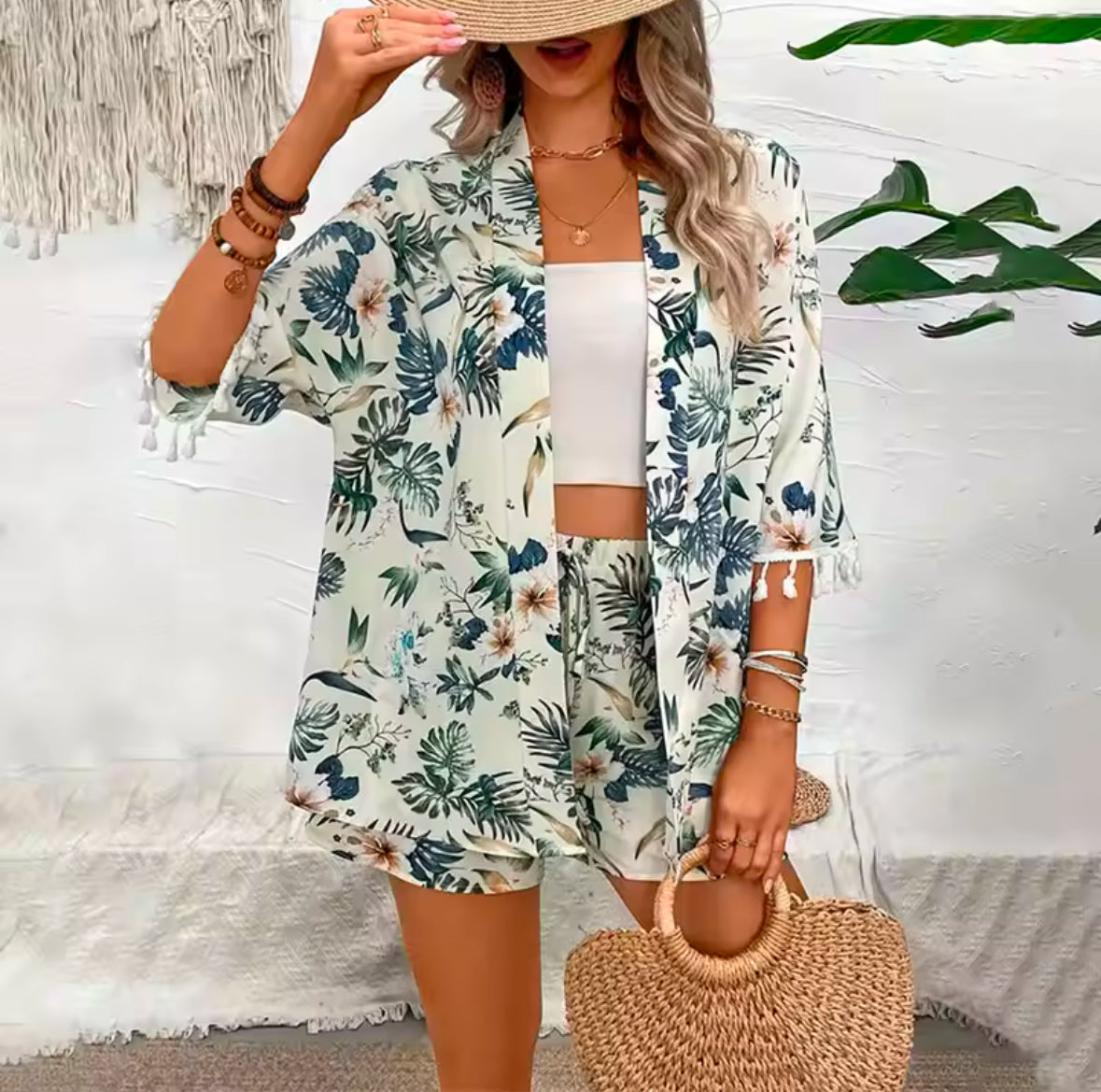 Summer Women’s Two-Piece Set – Open-Front Cardigan & Flower Printed Beach Shorts – Stylish Beachwear & Casual Outfits for Women 2025