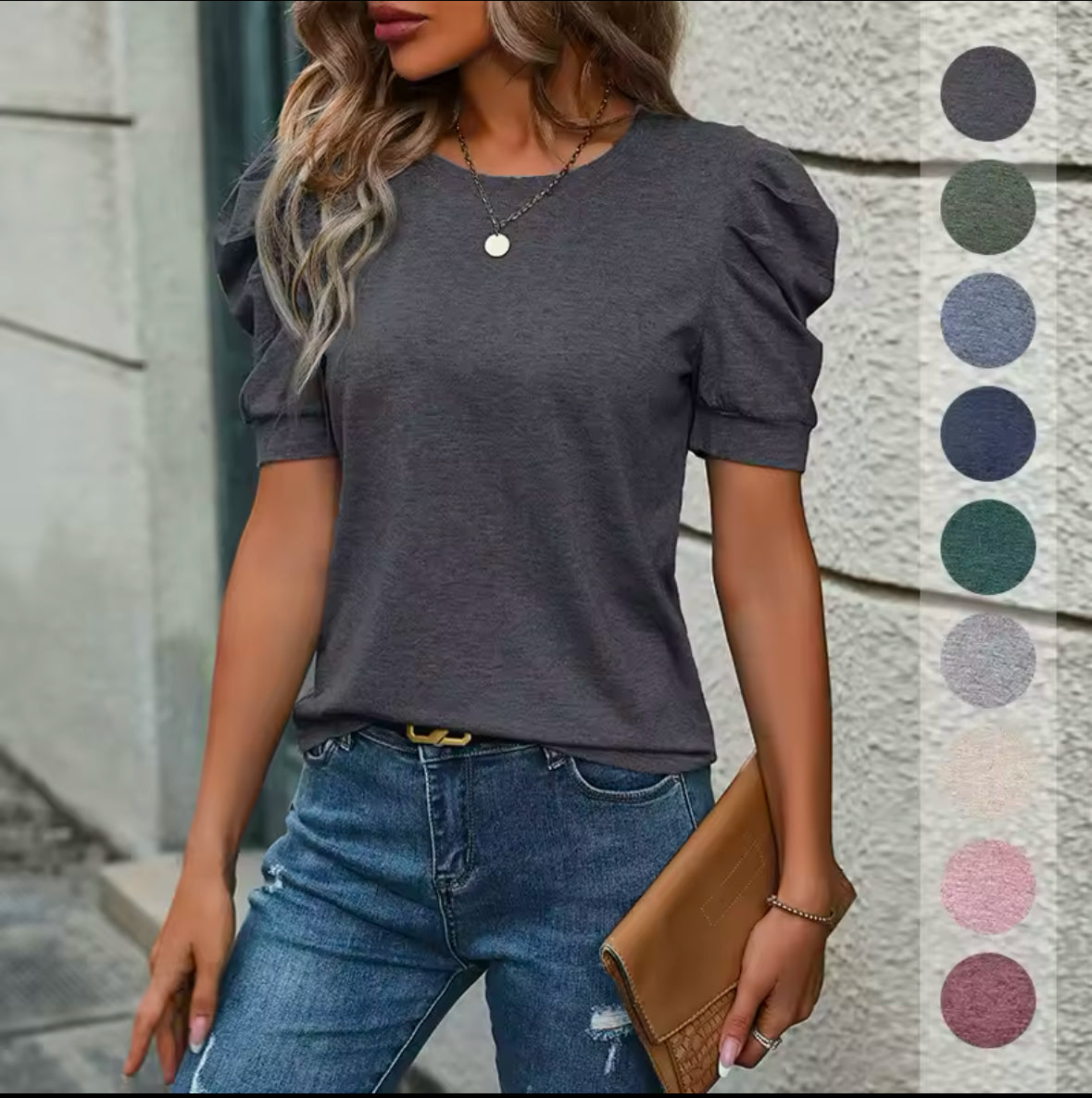 INAWLY Women’s Solid Color Crew Neck Gigot Sleeve T-Shirt – Elegant & Stylish Casual Top