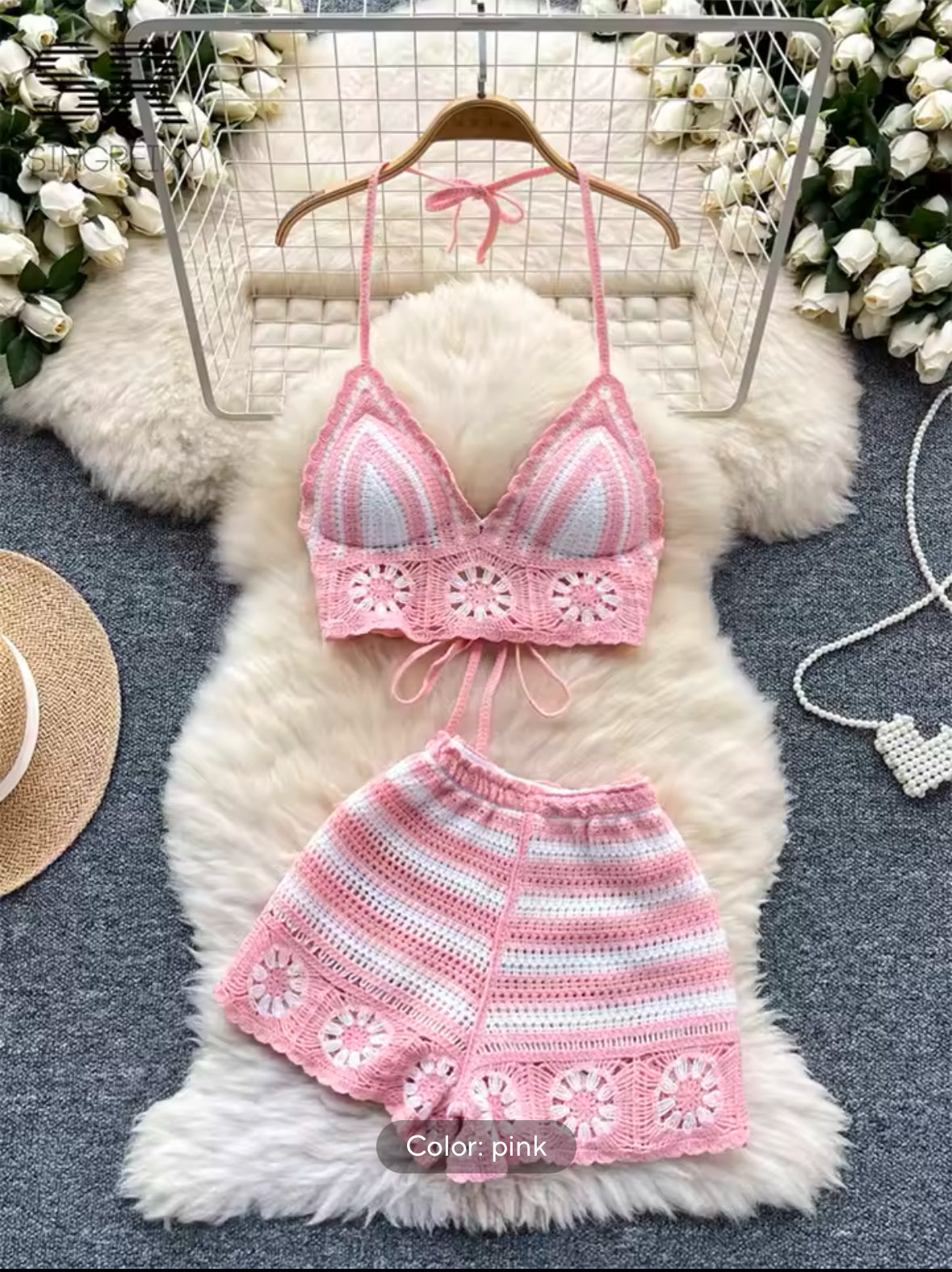 SINGREINY Women’s Beach Vacation 2-Piece Set – Halter Lace-Up Camisole & Elastic Waist Shorts | Trendy Hollow Hook Floral Design