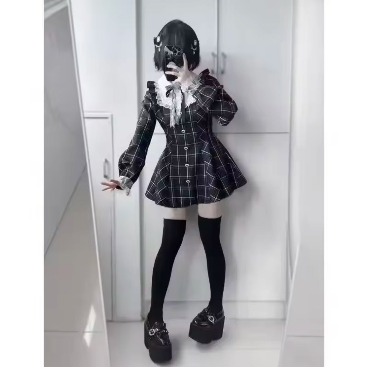 Harajuku Kawaii Plaid Dress with Sweet Bow – Slim Fit Long Sleeve Lolita Dress for Women, All-Match Autumn Fashion