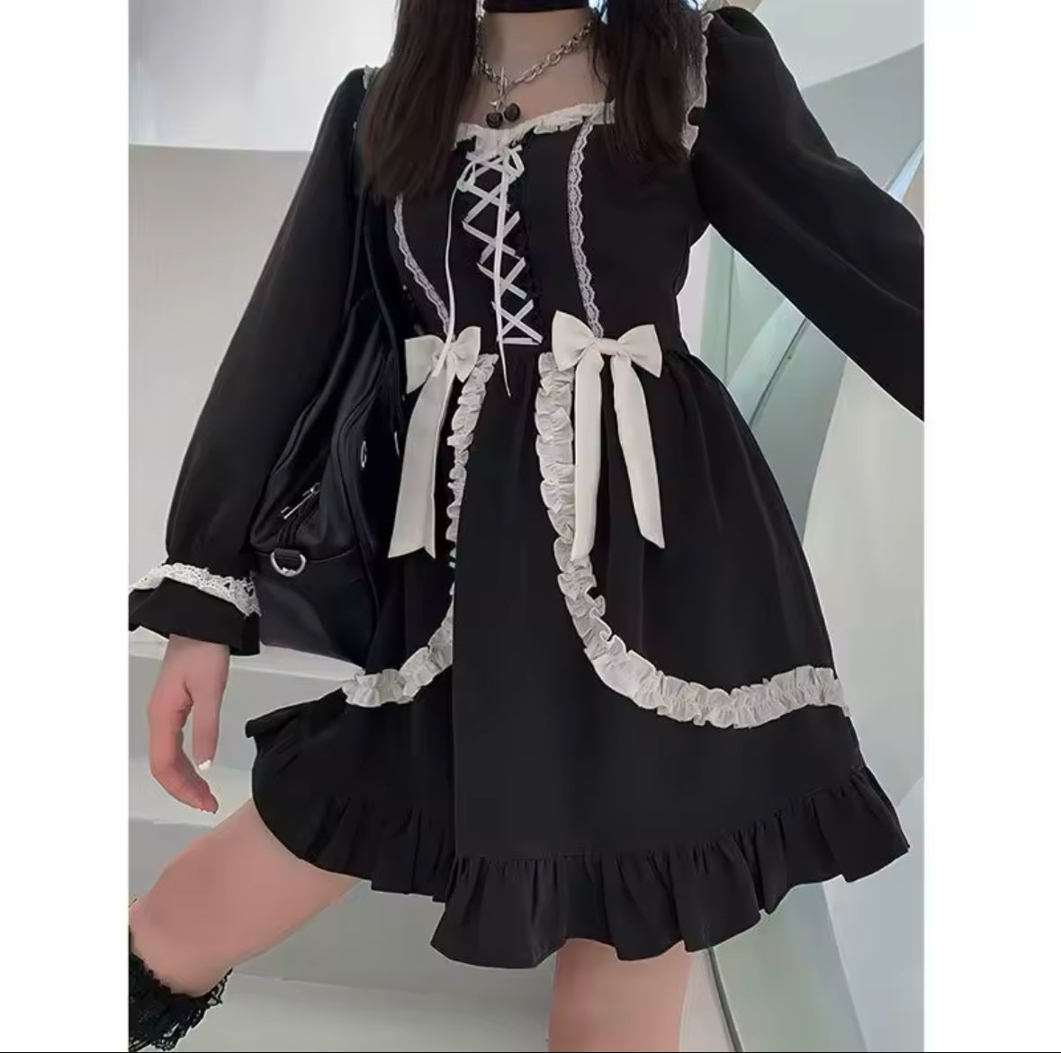 Harajuku Kawaii Plaid Dress with Sweet Bow – Slim Fit Long Sleeve Lolita Dress for Women, All-Match Autumn Fashion