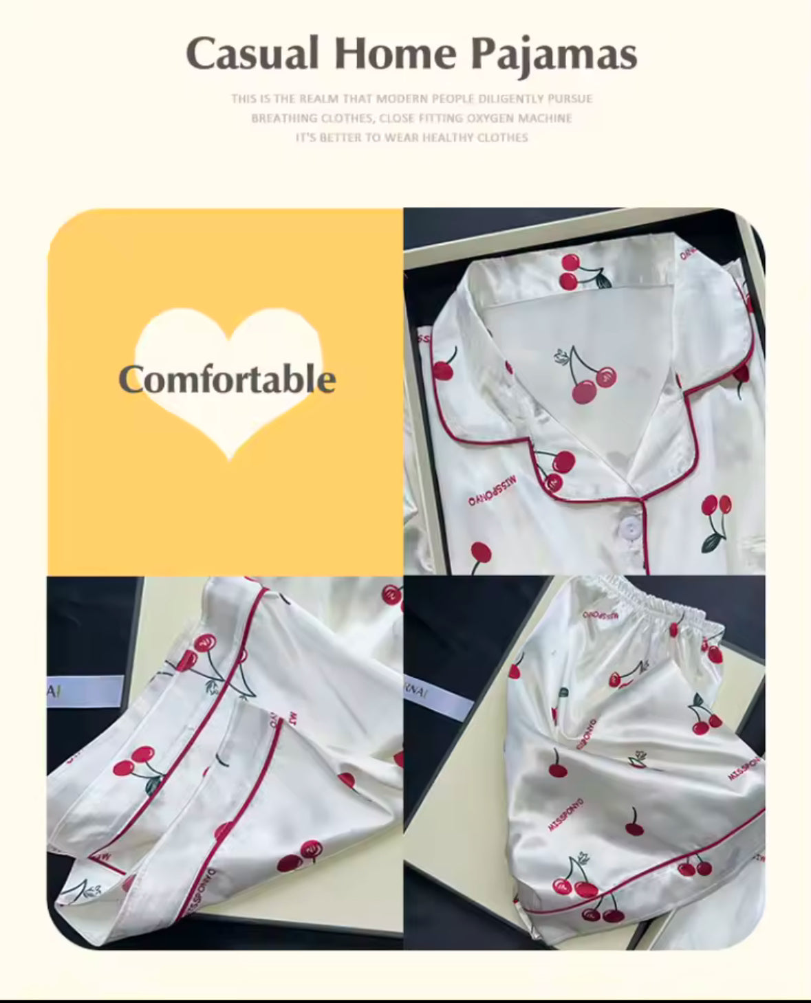 Cherry Print Summer Pajama Set for Women – 2-Piece Faux Satin Sleepwear with Casual Shorts & Top for Stylish Home Comfort