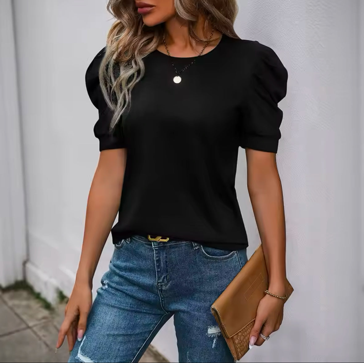 INAWLY Women’s Solid Color Crew Neck Gigot Sleeve T-Shirt – Elegant & Stylish Casual Top