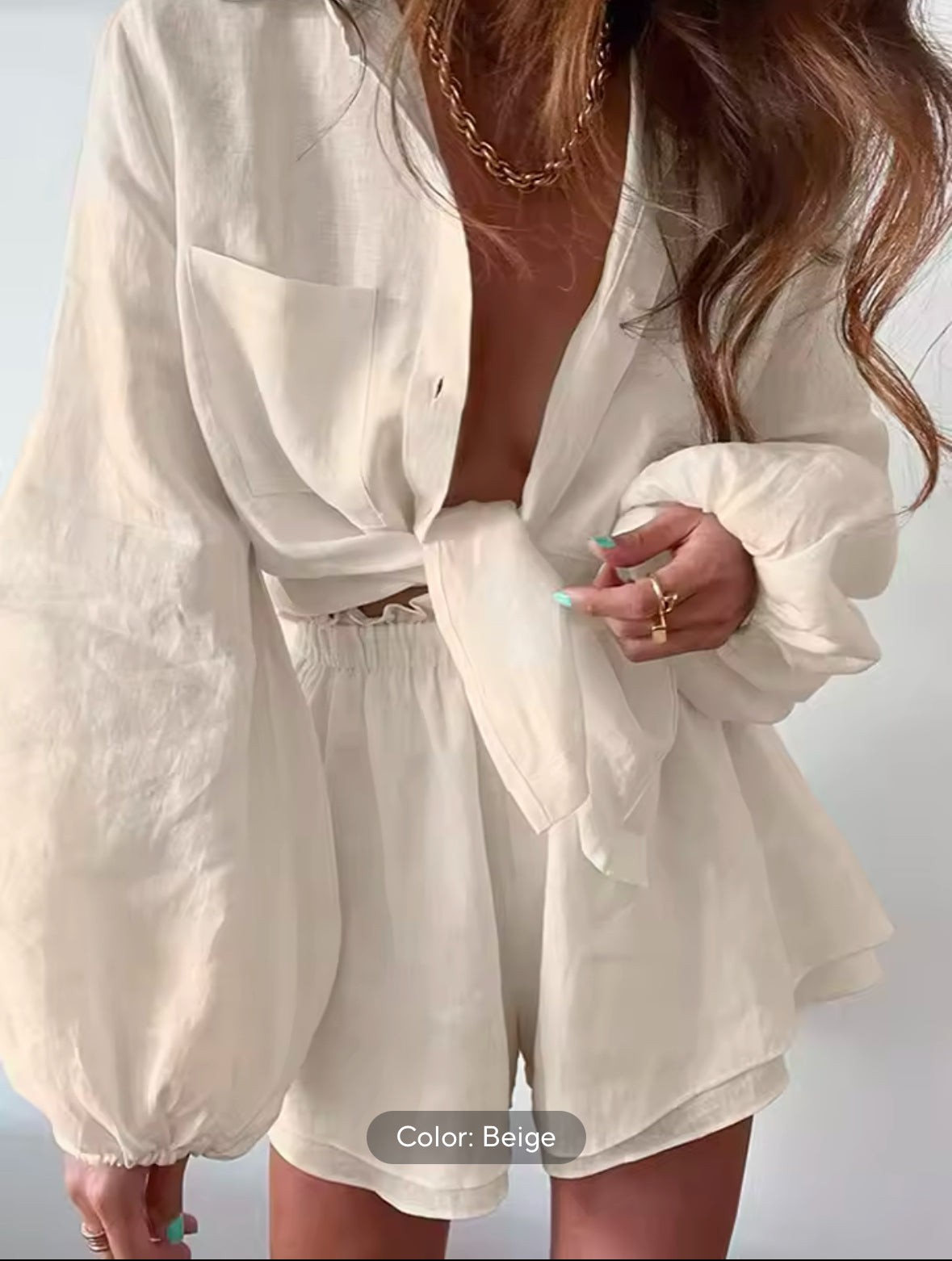 2025 Bohemian Spring Summer Set for Women – White Loose Fit Blouse & Shorts 2-Piece Outfit for Casual and Beach Style