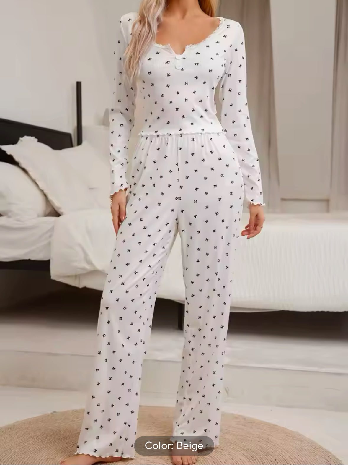 Cute Bowknot Print Women’s Pajama Set – Full Sleeve Autumn Sleepwear with Lettuce Trim for Cozy & Stylish Loungewear