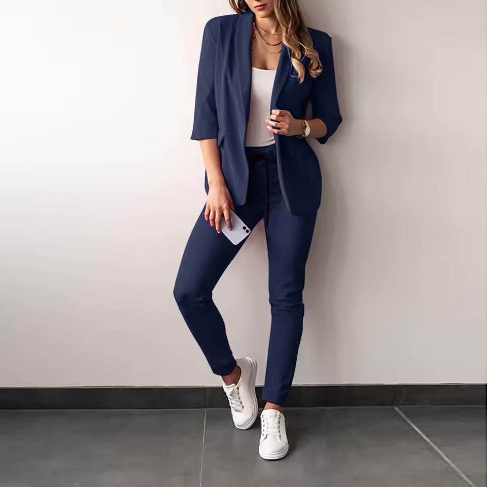 Elegant Women’s Two-Piece Suit – Casual Solid Color Blazer & Pants Set | Long Sleeve Office & Everyday Wear
