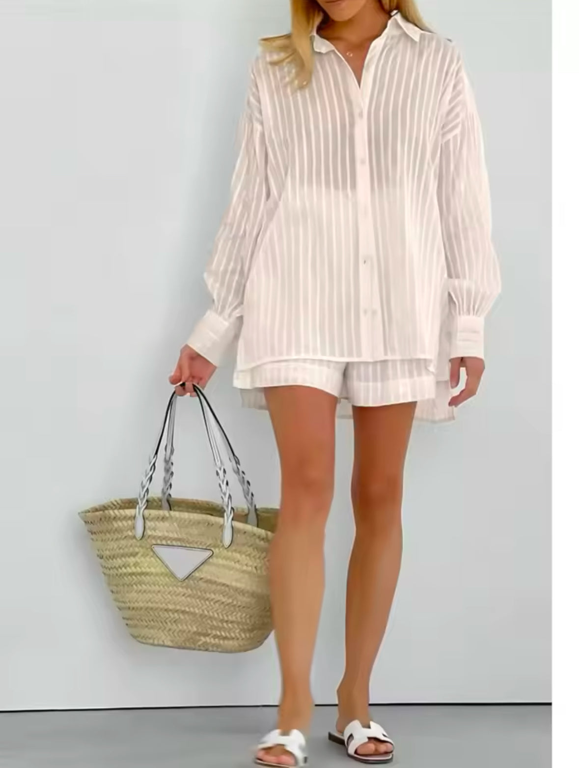 2025 Cotton Two-Piece Set for Women – Striped Long Sleeve Shirt & Shorts Outfit for a Simple and Stylish Spring Summer Look