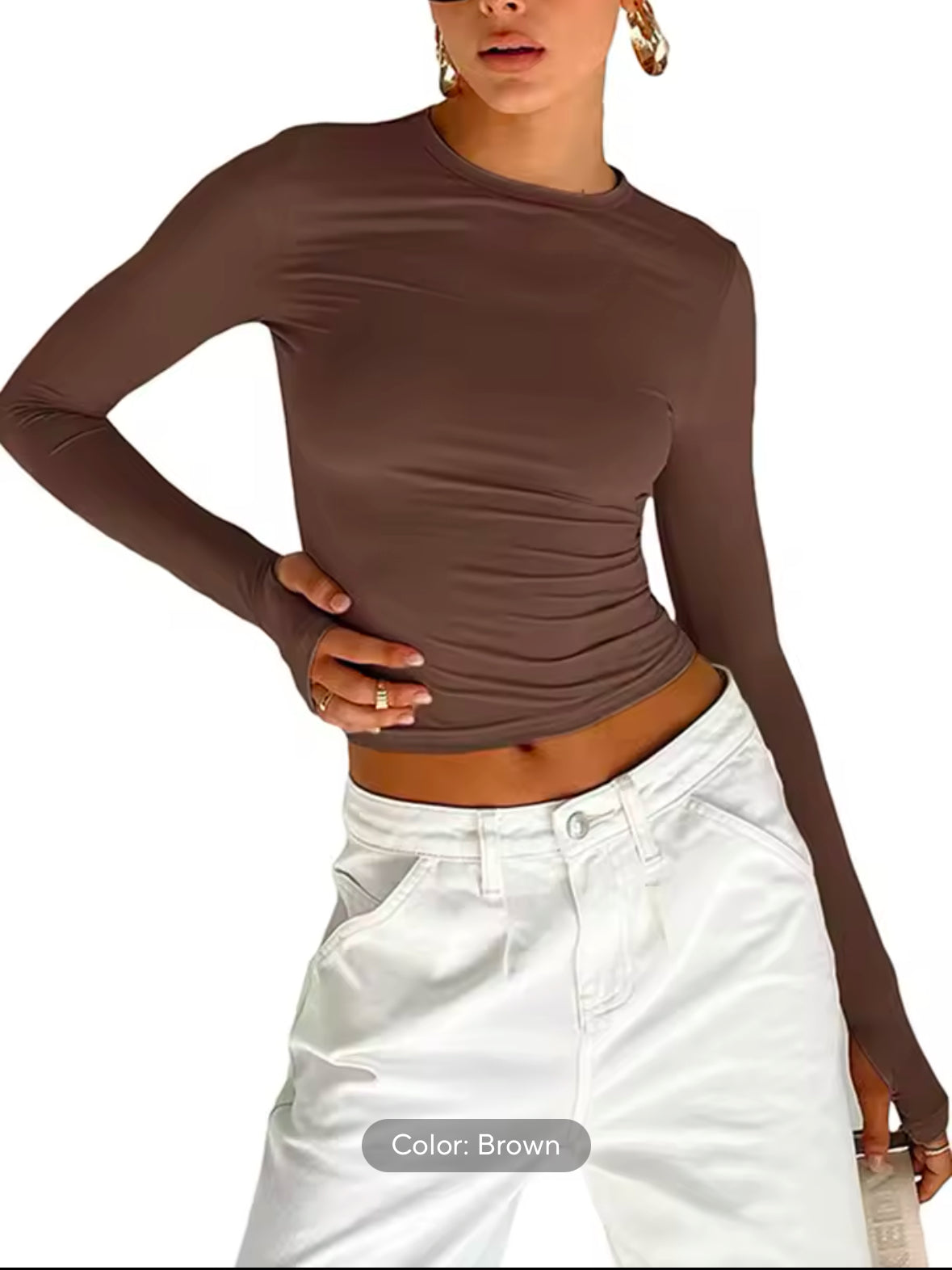 Fashion Women’s Long Sleeve Crew Neck T-shirt – Slim Fit Crop Top with Thumb Holes for Daily Streetwear & Summer Camis