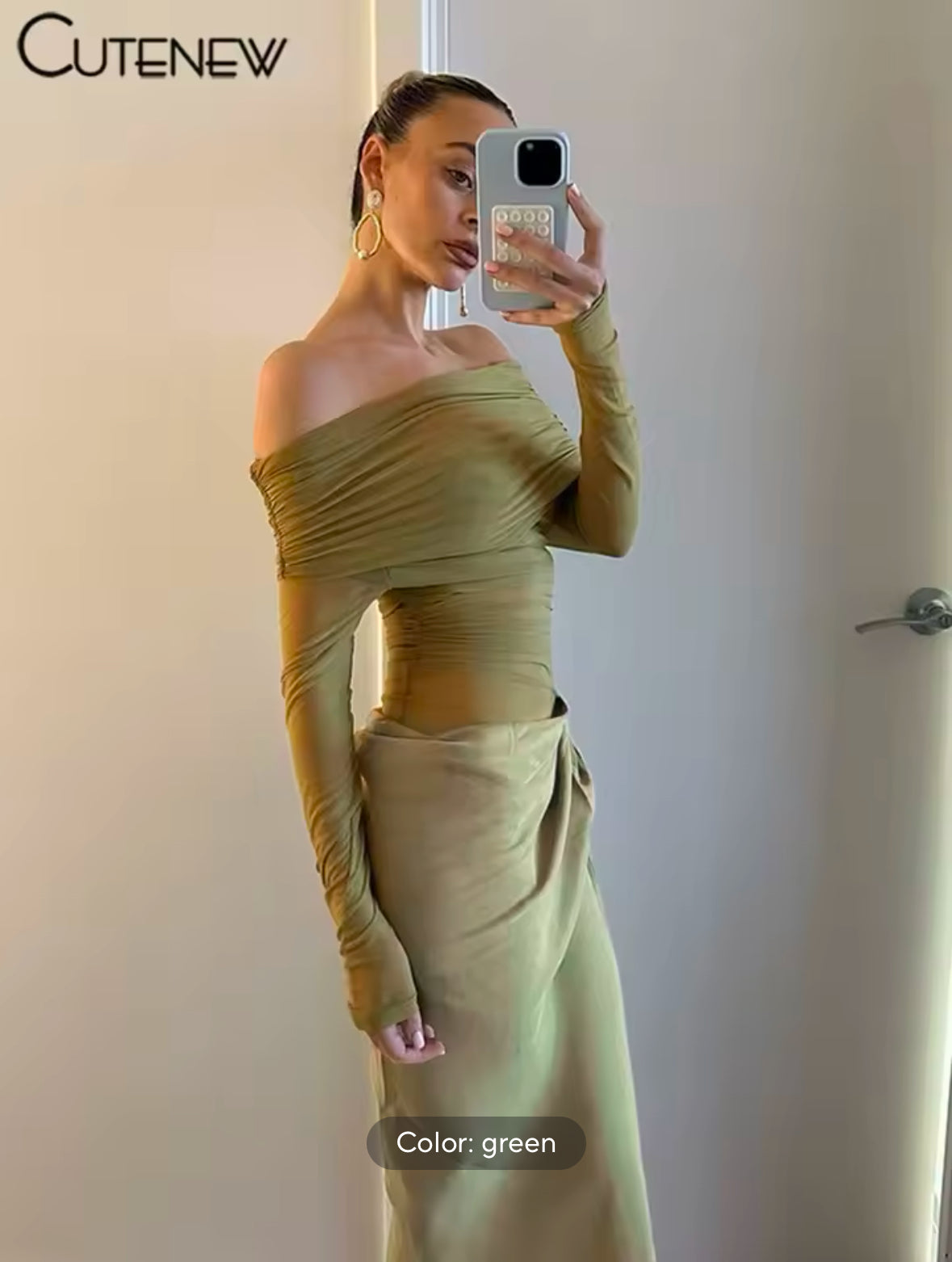 Sexy Mesh Ruched Maxi Dress for Women – Off Shoulder Sheer Long Sleeve Bodycon Gown for Midnight Parties