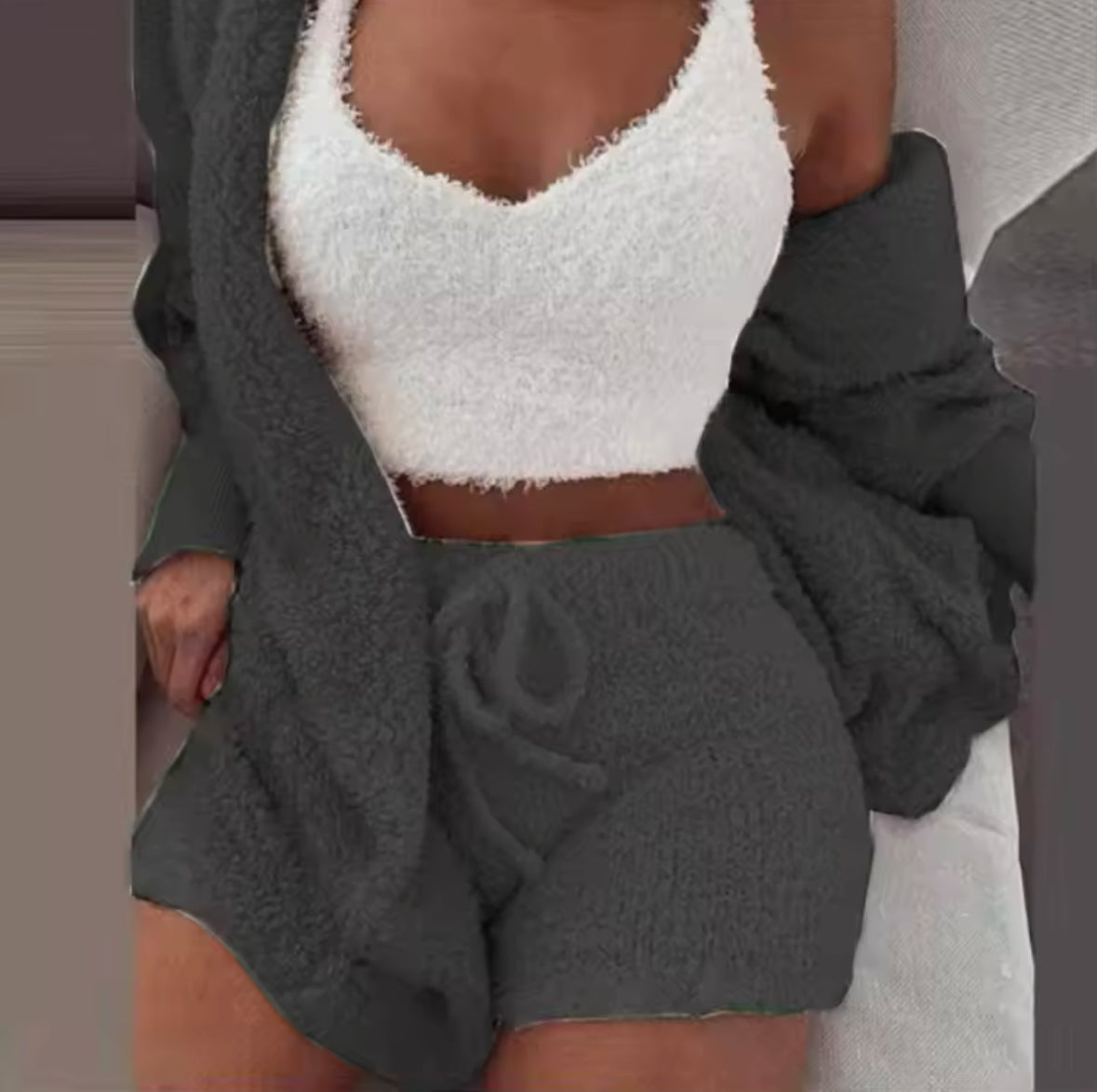 Fluffy 3-Piece Pajama Set for Women – Casual Sleepwear, Tank Top, Shorts, and Cozy Hoodie for Winter, Plus Size Leisure Homsuit