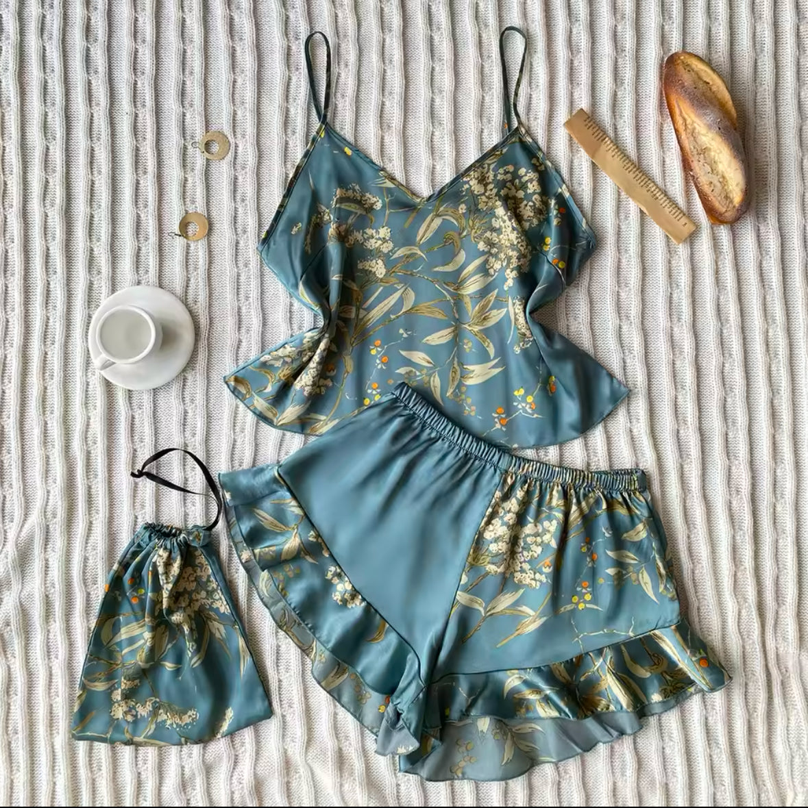 Elegant Floral Cami Pajama Set for Women – Ruffle Hem Shorts & Stylish Sleepwear for Comfortable Loungewear
