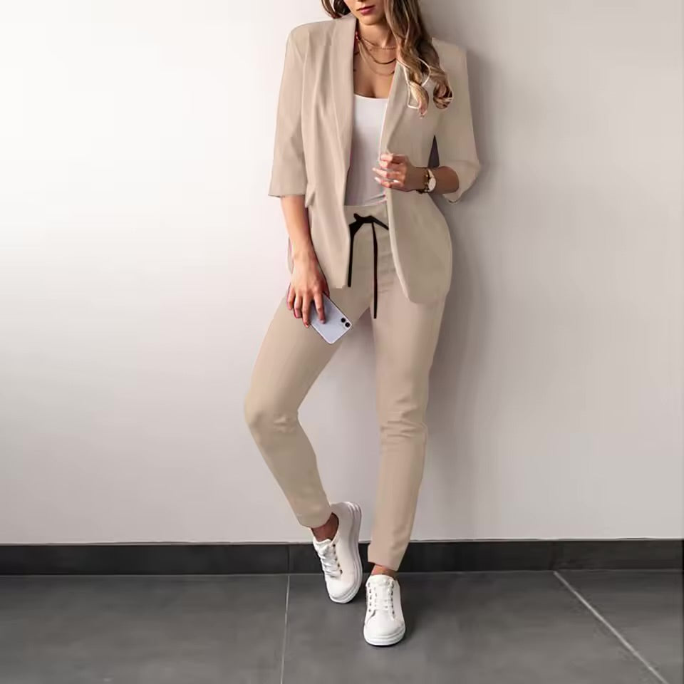 Elegant Women’s Two-Piece Suit – Casual Solid Color Blazer & Pants Set | Long Sleeve Office & Everyday Wear