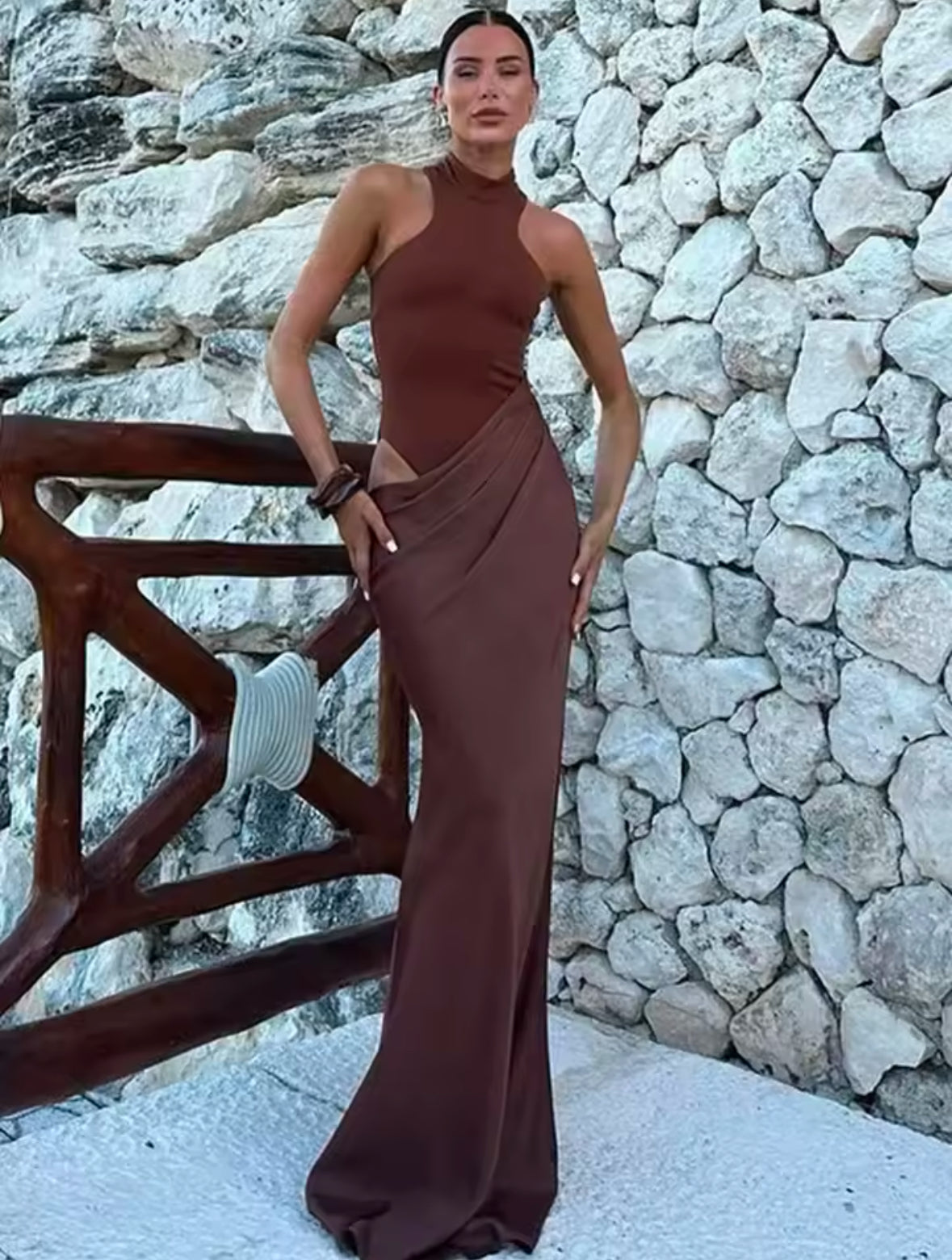 Elegant Black Satin Maxi Dress for Women – Sleeveless High Waist Hollow Out Dress for Autumn Parties and Clubwear