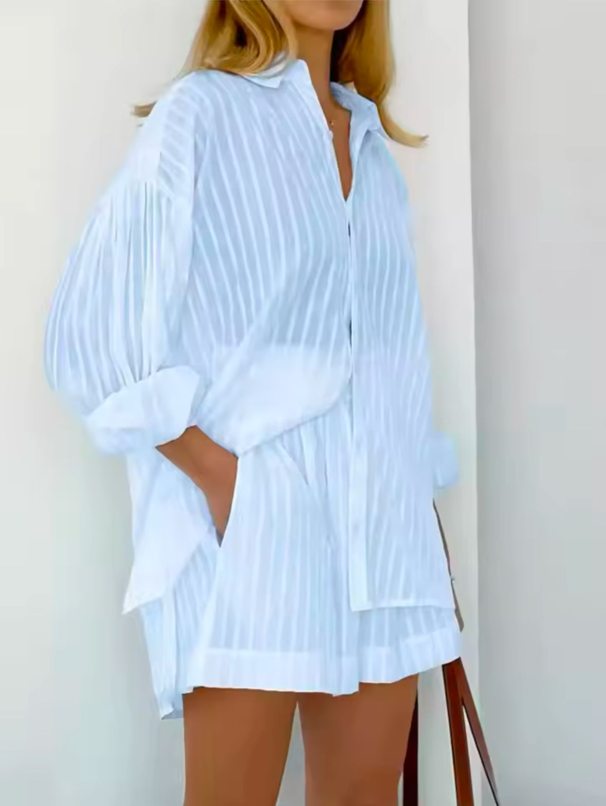 2025 Cotton Two-Piece Set for Women – Striped Long Sleeve Shirt & Shorts Outfit for a Simple and Stylish Spring Summer Look