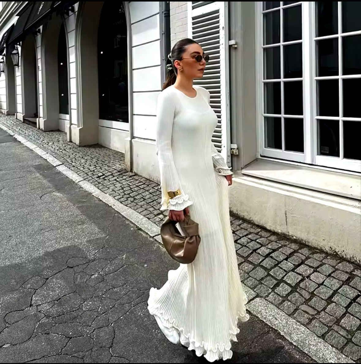 Ruffled Pleated Long Dress for Women – Elegant White Autumn & Winter Fashion, O-Neck Flare Party Dress, Perfect for Streetwear & Parties