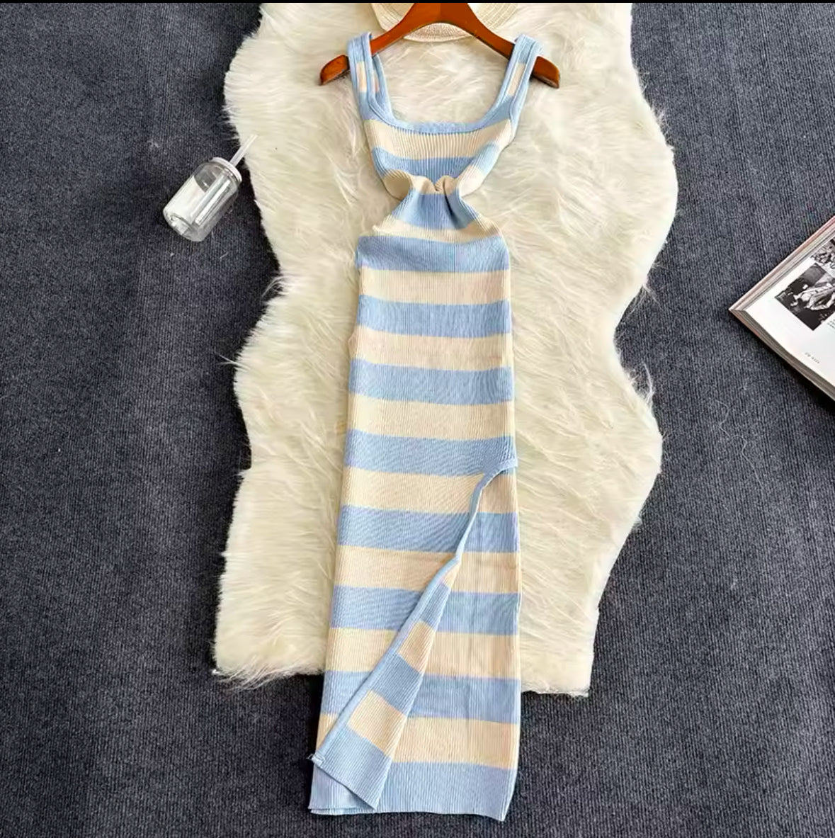 2025 Stripe Summer Bodycon Dress with Elastic Split – Sexy Beach Vacation Sundress for Women, Casual Slim Fit Maxi Long Dress